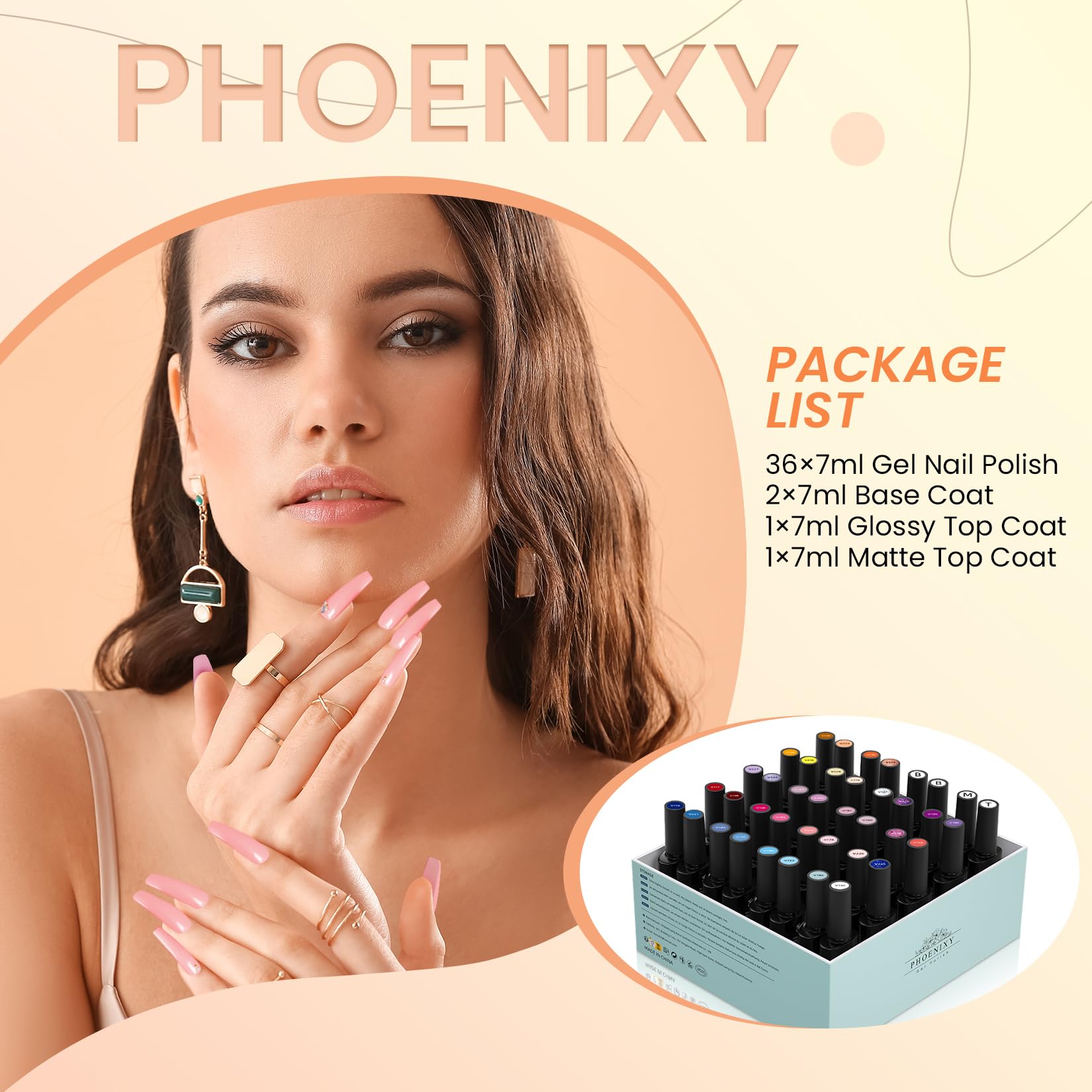 Gel Nail Polish Set, Phoenixy 36 Colours 72 Effects U V Gel Nail Polish with Glossy Matte Base Top Coat, Red Blue Purple Orange Soak Off Nail Kit Gift for Women
