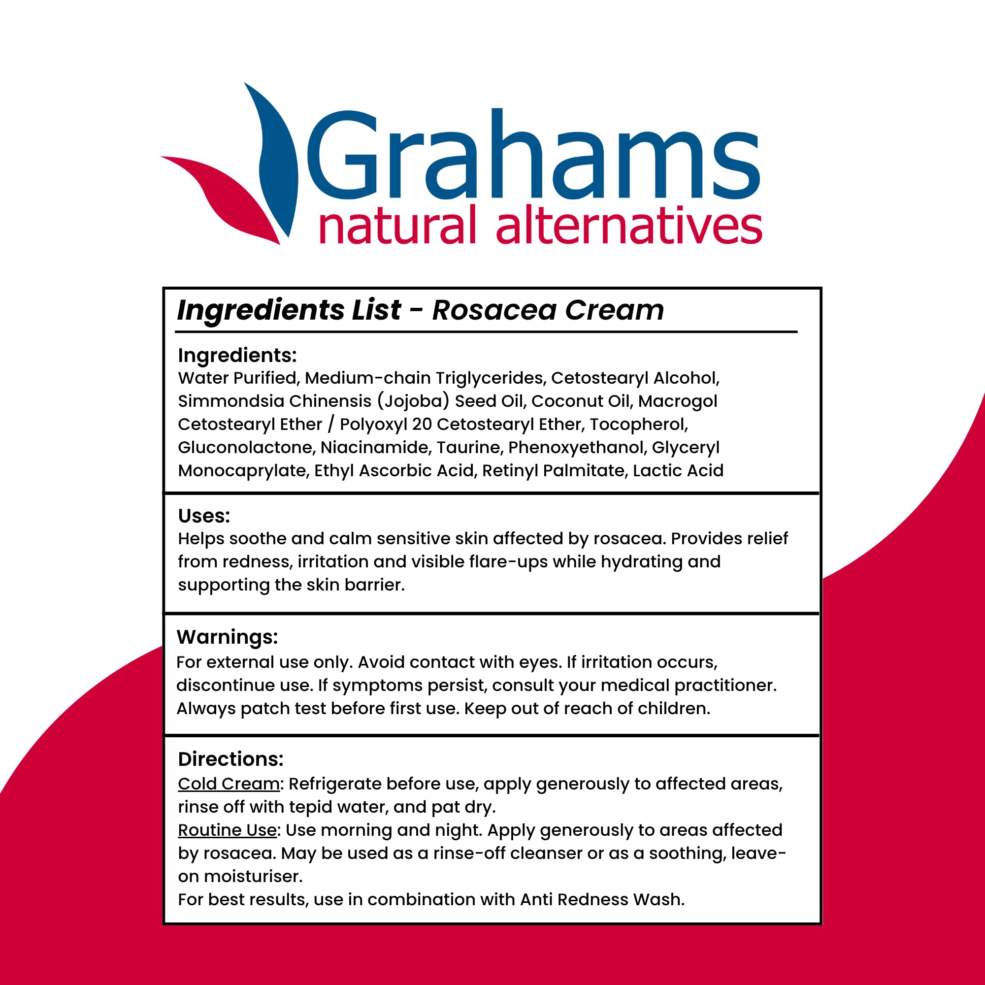Grahams Natural Rosacea Cream - Clinically Proven Anti-Redness Treatment for Face to Soothe, Moisturise, Hydrate & Calm Sensitive Rosacea-Prone Skin | Hypoallergenic, Steroid-Free (75g)