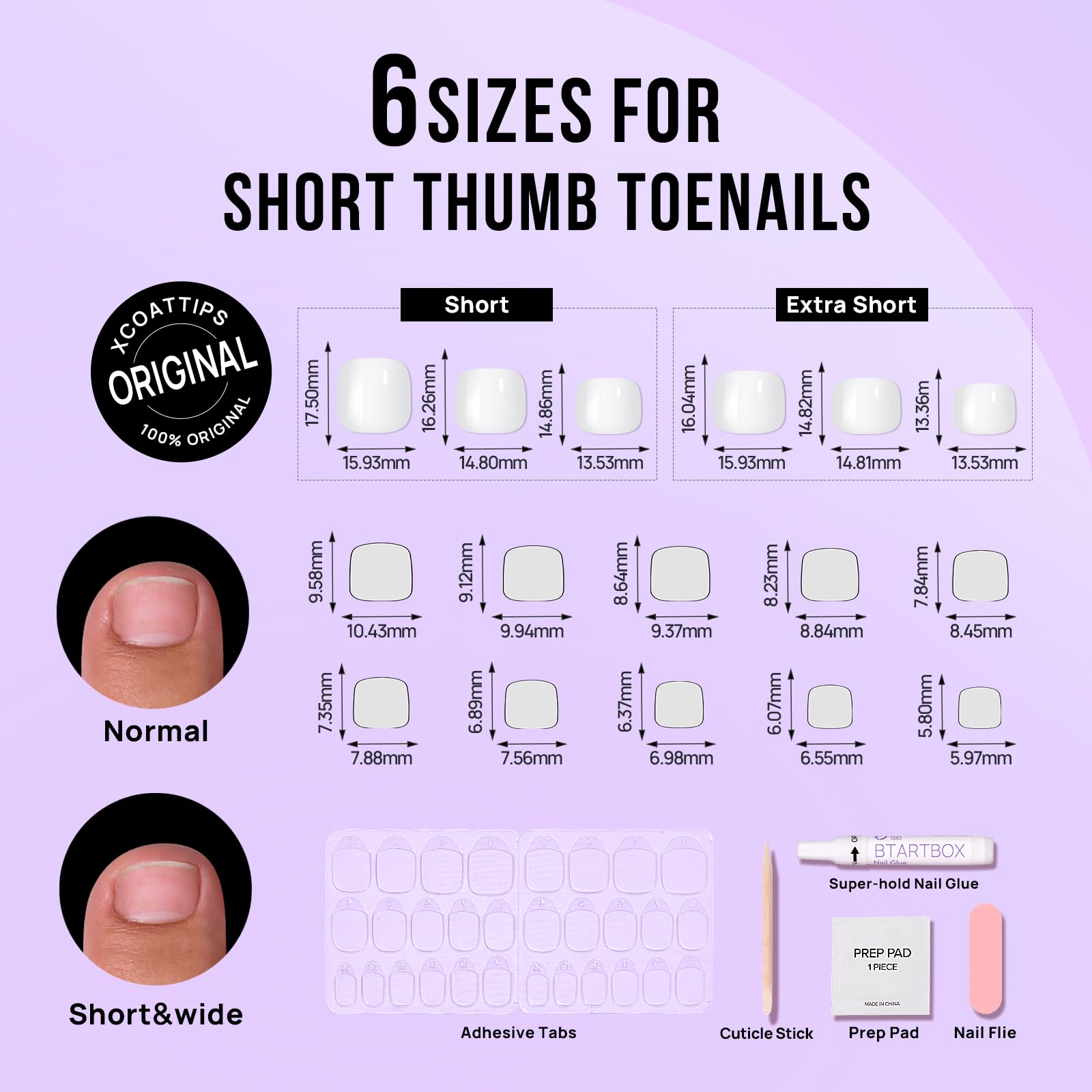BTArtbox False Toenails Short - White Stick on Toe Nails, 32 Pcs Square Press on Toenails, Light Weight Fake Toe Nail Tips with Glue in 16 Sizes, Pure Chic