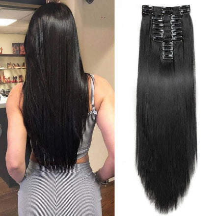 22 Inch Long Straight Clip in Hair Extensions 180 Grams 12PCS Clip in Synthetic Fiber Hair Extensions Natural Black Full Head Double Weft Hairpieces for Women