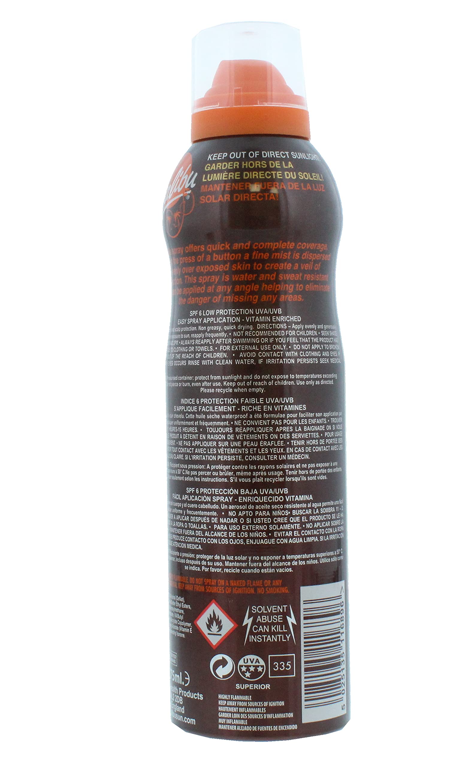 Malibu Sun SPF 6 Continuous Dry Oil Spray for Tanning with Shea Butter Extract, Low Protection, Water Resistant, 175ml