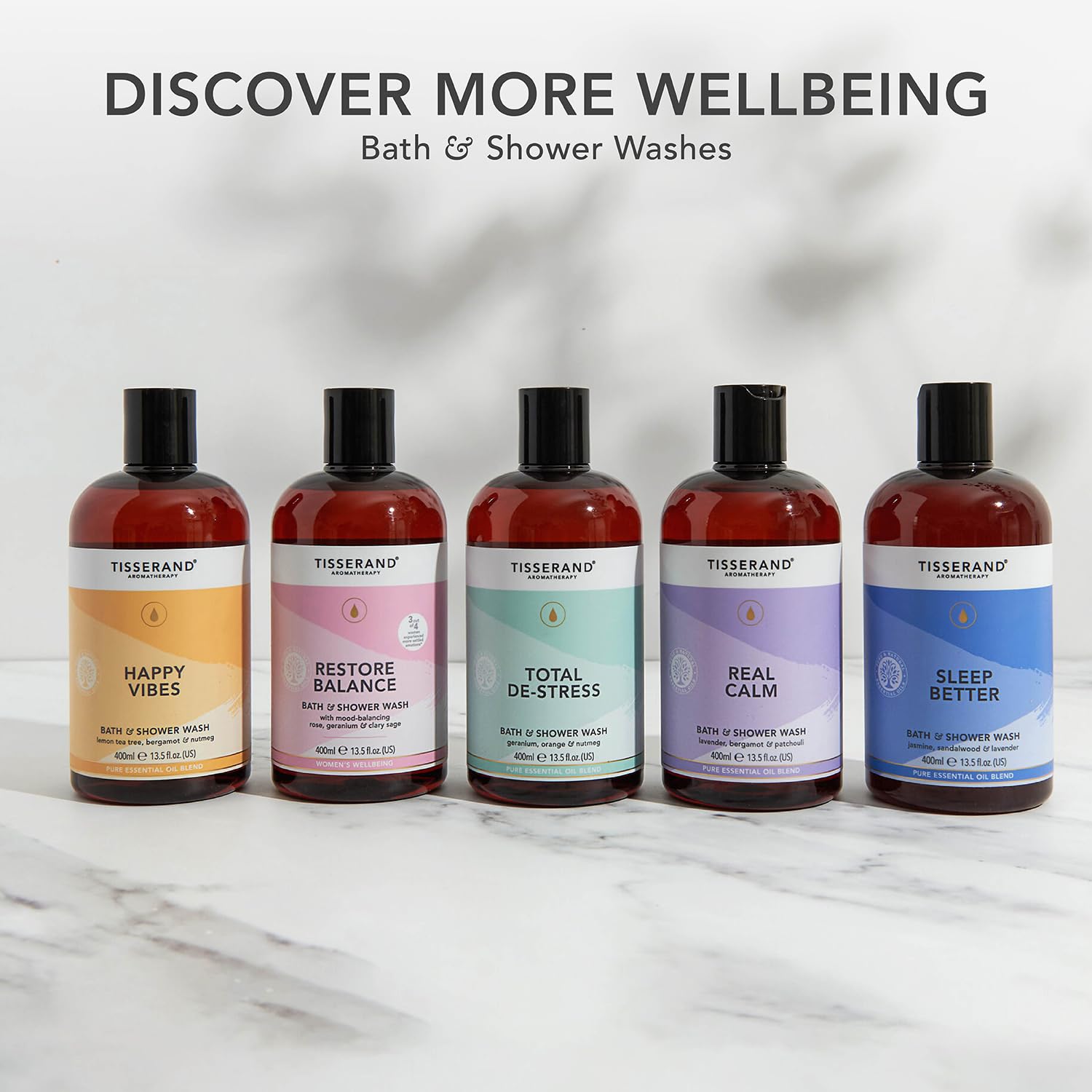 Tisserand Aromatherapy - Total De-Stress - Bath & Shower Wash - Orange, Geranium, Nutmeg Essential Oil - 100% Natural Pure Essential Oils - 400ml