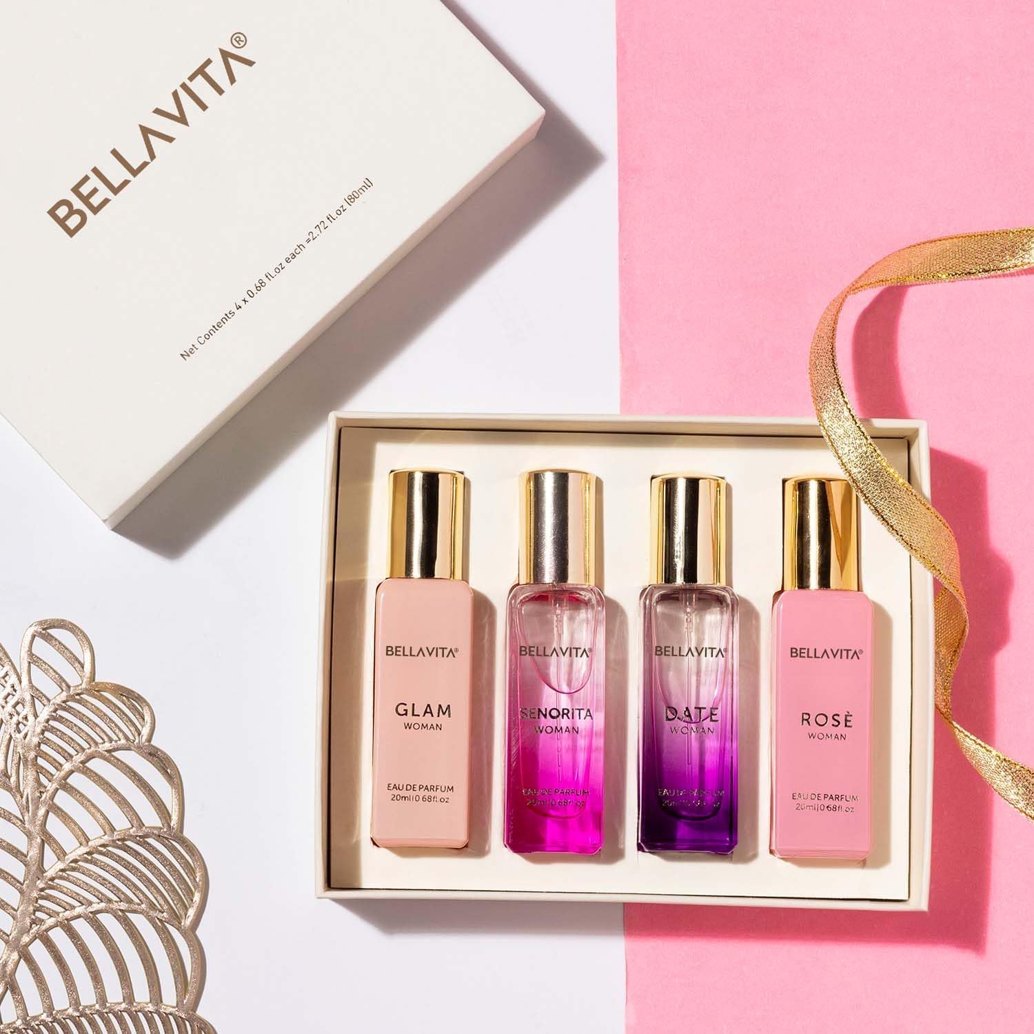 BellaVita Luxury Perfume Gift Set for Women (4x20ml) | DATE, SENORITA, GLAM, ROSE | Sweet Floral, Musk & Vanilla Perfumes | Sweet Cologne Perfume for Women | Women's Cologne & Perfume Gift Sets