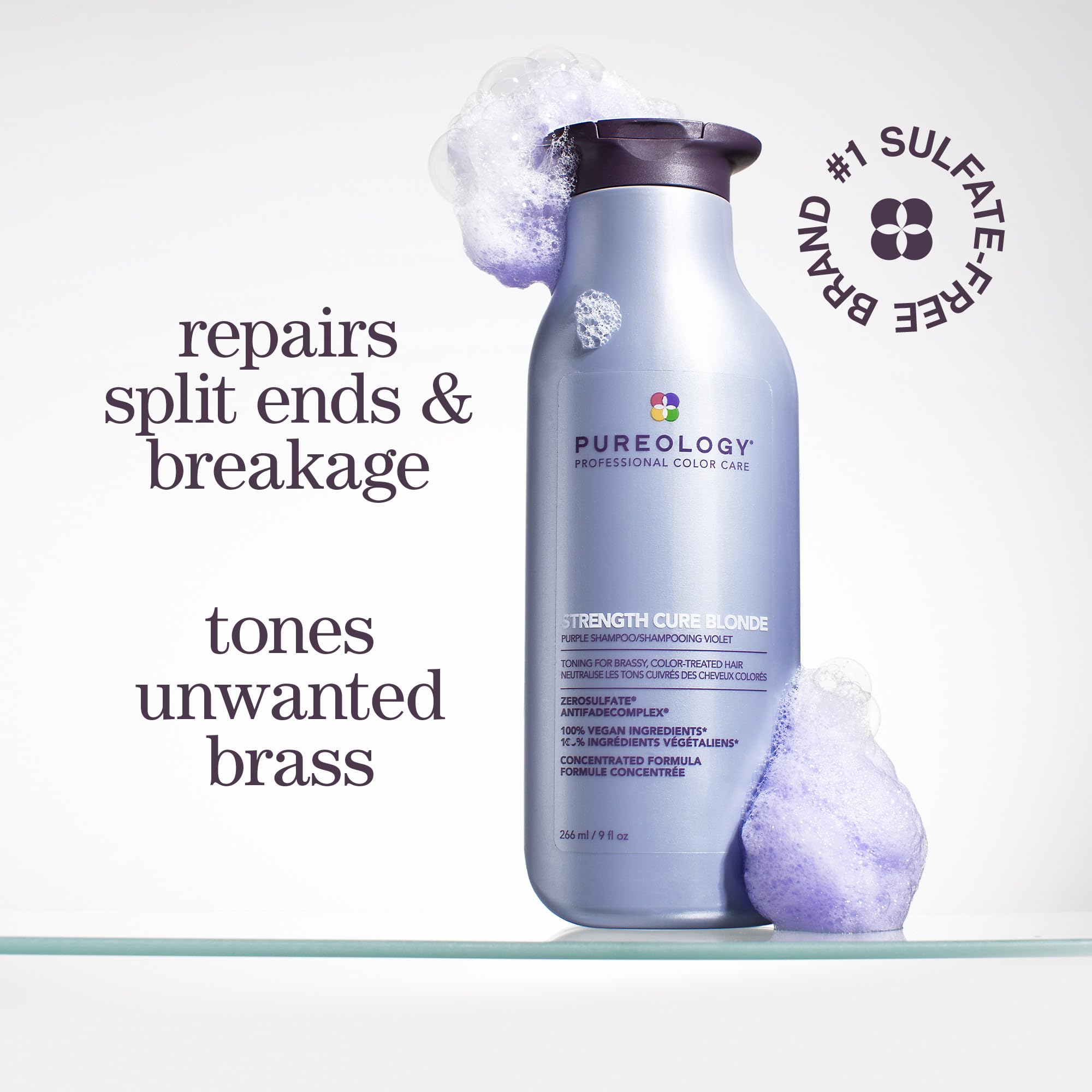 Pureology Strength Cure Blonde, Purple Shampoo, Restore & Tone for Brassy Blonde Hair, Vegan Formulas, Sulphate Free for a Gentle Cleanse