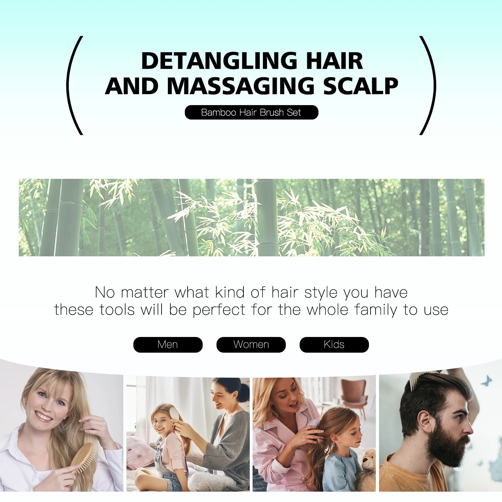Combetter Bamboo Hairbrush and Comb Set - Natural Eco-Friendly Paddle Detangler with Scalp Massage for Women, Men, and Kids - Reduces Frizz and Promotes Healthy Hair Growth(4PCS)