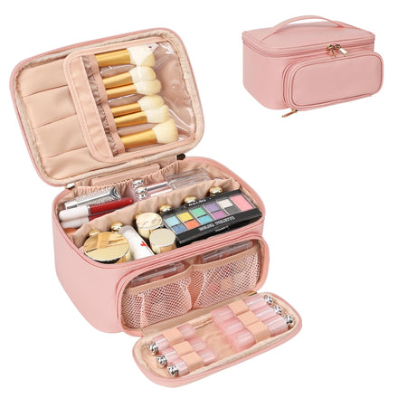 Travel Makeup Bag, Portable Cosmetic Bag with Makeup Brush Organiser Large Capacity Make up Case Water-Resistant Toiletry Bag for Women Travel Essentials, Large Pink