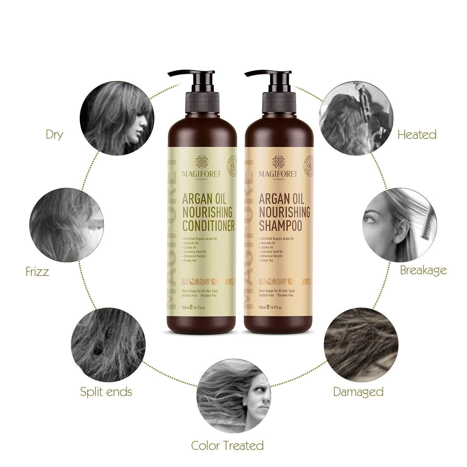 MagiForet Argan Oil Shampoo and Conditioner Set (2 x 16.9 Oz) Sulfate Free, Natural Oil Infused - Soft & Smooth, Gentle on Curly & Color Treated Hair
