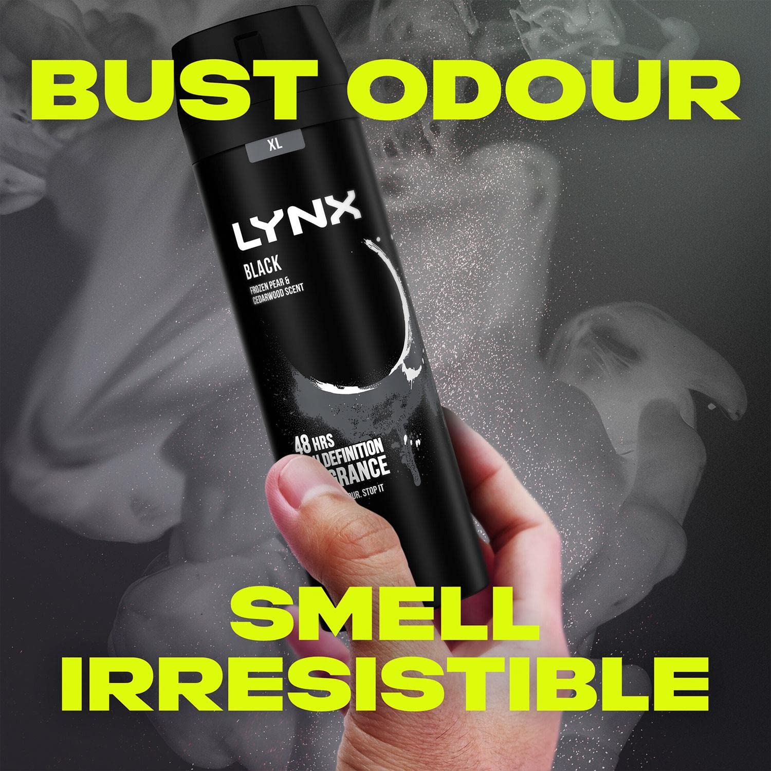Lynx Pack of 6 XL Black 48 Hours High-Definition Fresh Frozen Pear & Cedarwood Scent Body Spray Deodorant with dual-action odor-busting zinc technology, 200ml