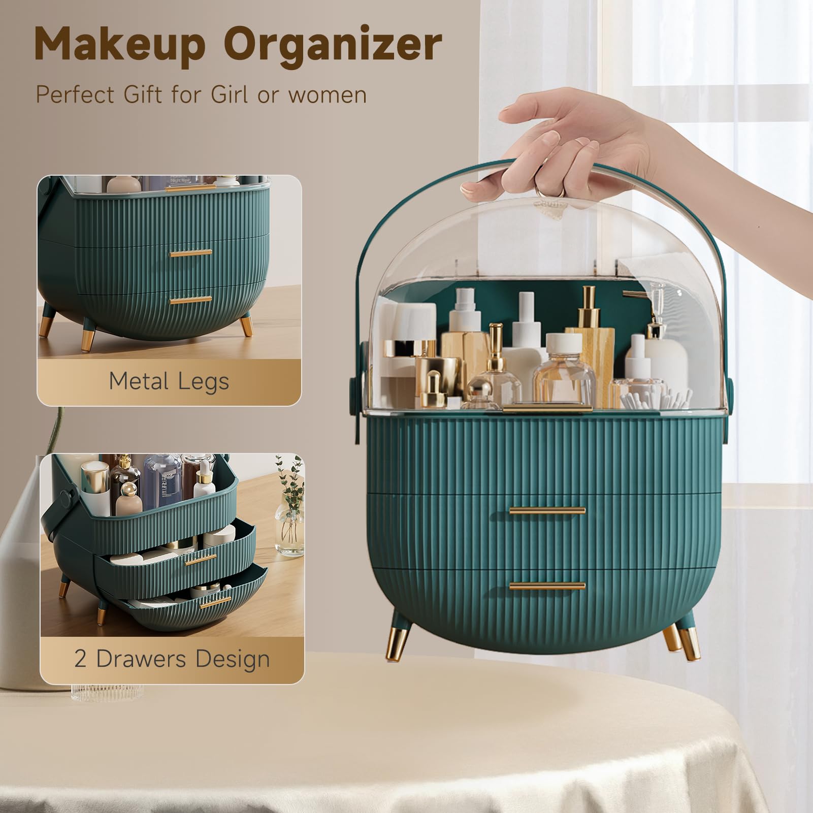 Multi-Function Make Up Case Dustproof Cosmetic Storage Box, Organizer Skin Care Products Jewelry Organizer Finishing Box for Bedroom Bathroom Desktop (Dark Green)