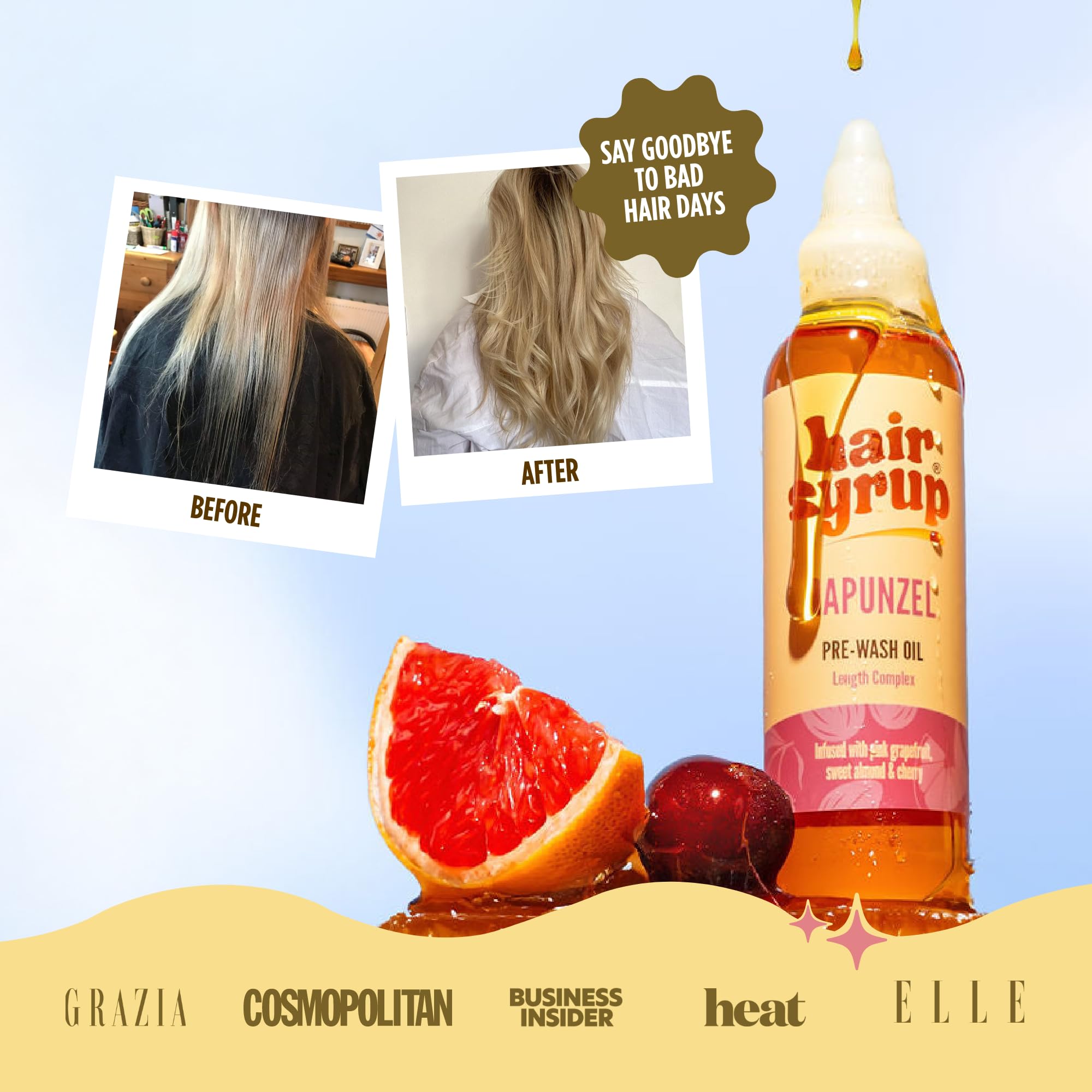 Hair Syrup | Rapunzel Pre-Wash Hair Oil | Infused with Pink Grapefruit, Sweet Almond & Cherry | Revitalise Your Scalp & Mind | Vegan | 100% Natural | 300ml Pump Bottle Applicator