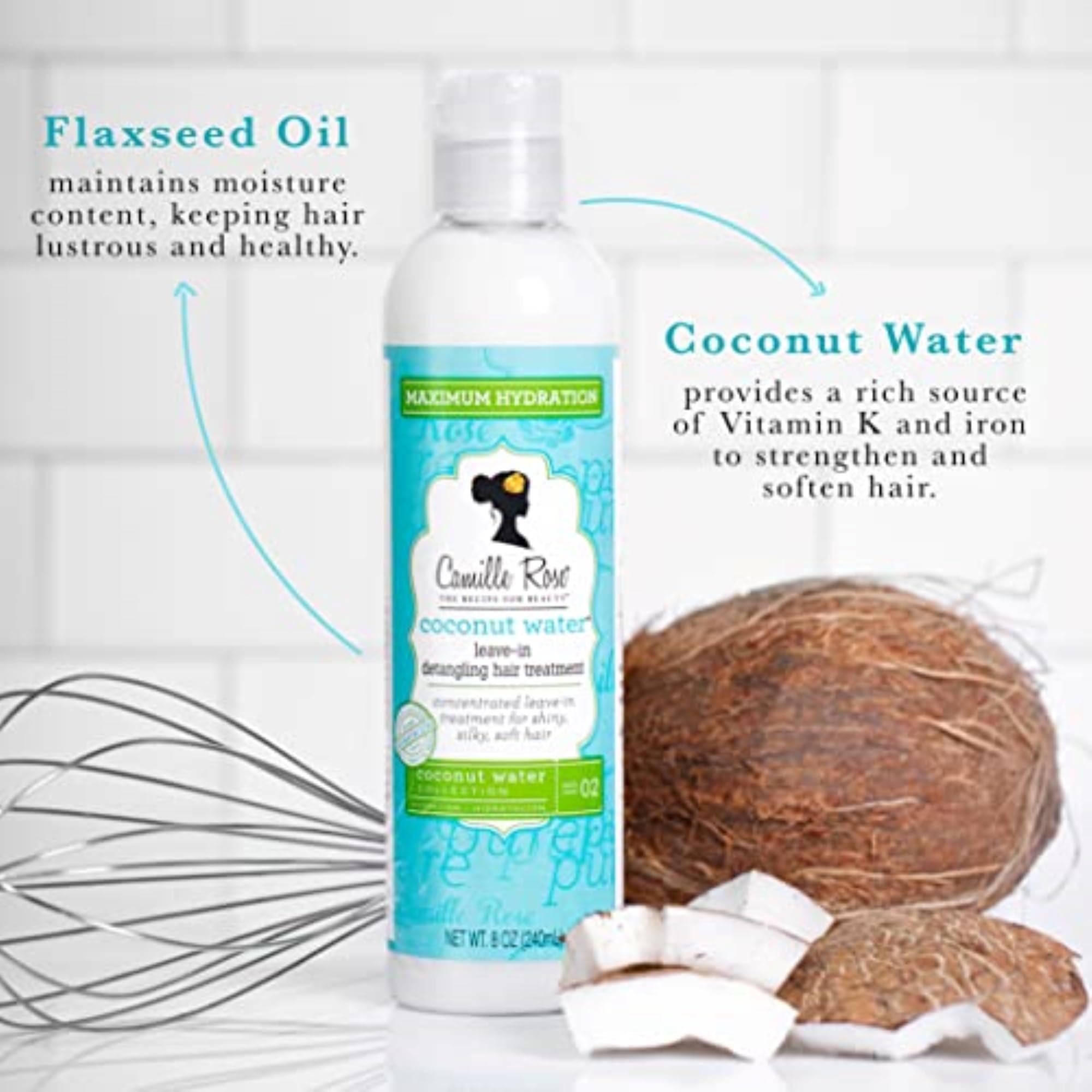 Camille Rose Coconut Water Leave in Conditioner, Concentrated Hair Detangler Treatment for Maximum Hydration and Shiny, Silky, Soft Strands, 8 oz