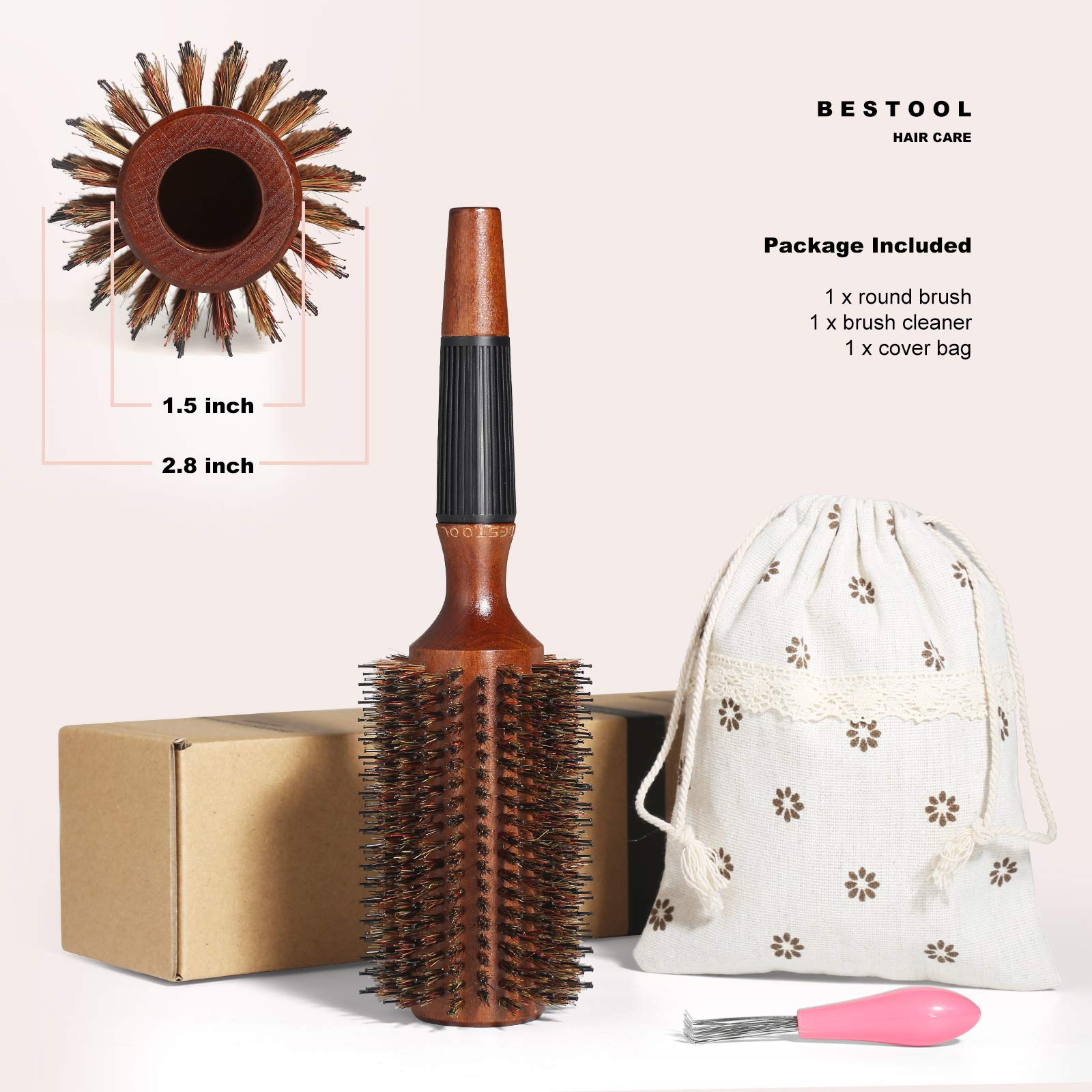 BESTOOL Round Brush for Blow Drying, Boar Bristle Round Hair Brush with Wooden Barrel, Large Round Styling Brush for Women & Men, Straightening, Curling, Adding Shine or Volume (2.8 Inch)