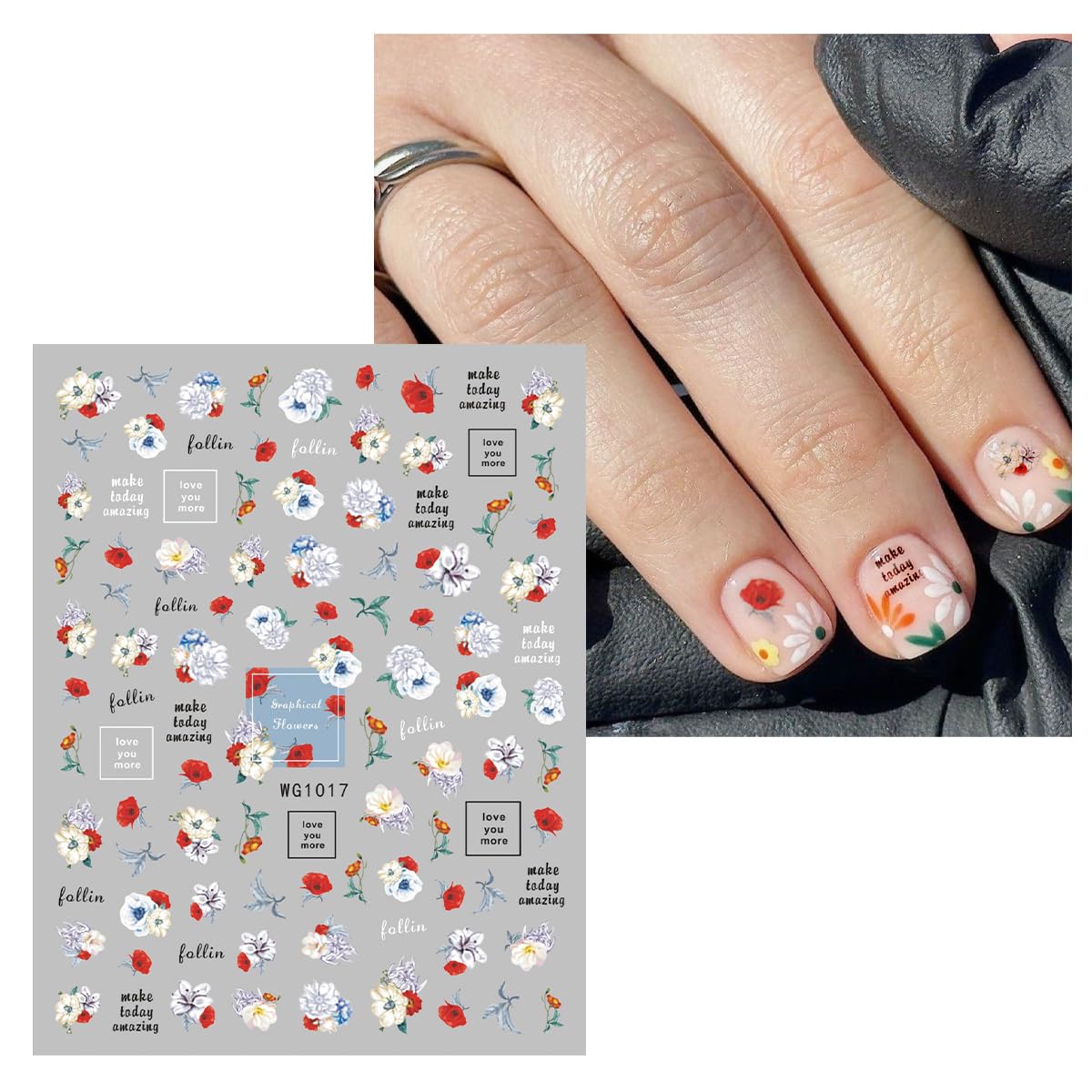 JMEOWIO 9 Sheets Flower Nail Art Stickers Decals Self-Adhesive Spring Summer Floral Nail Supplies Nail Art Design Decoration Accessories