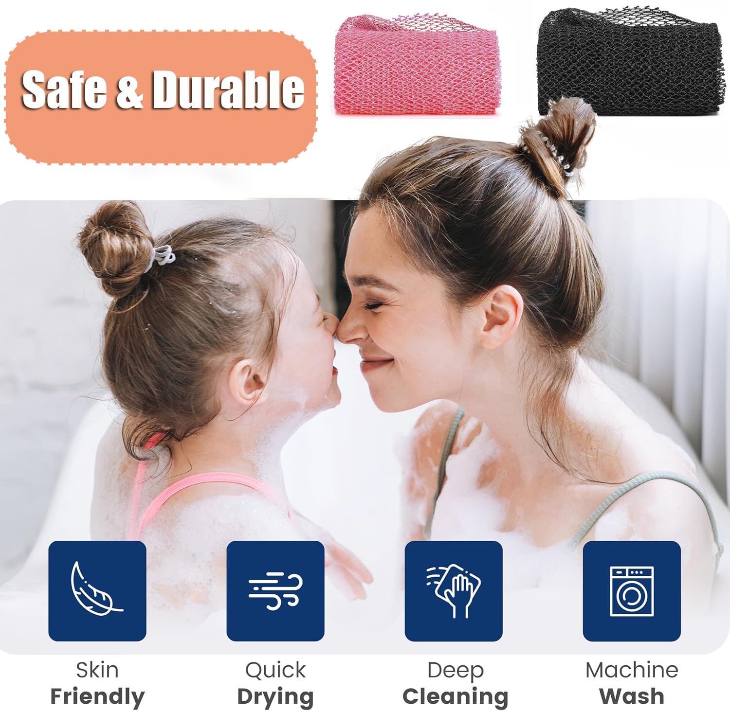 2Pack African Net Sponge Bath Body Exfoliating Scrubber Mesh Exfoliating Bath Sponge Back Scrubber Skin Smoother Deep Cleaning for Men & Women Shower/Stocking Stuffer Body Washing (Black+Pink)