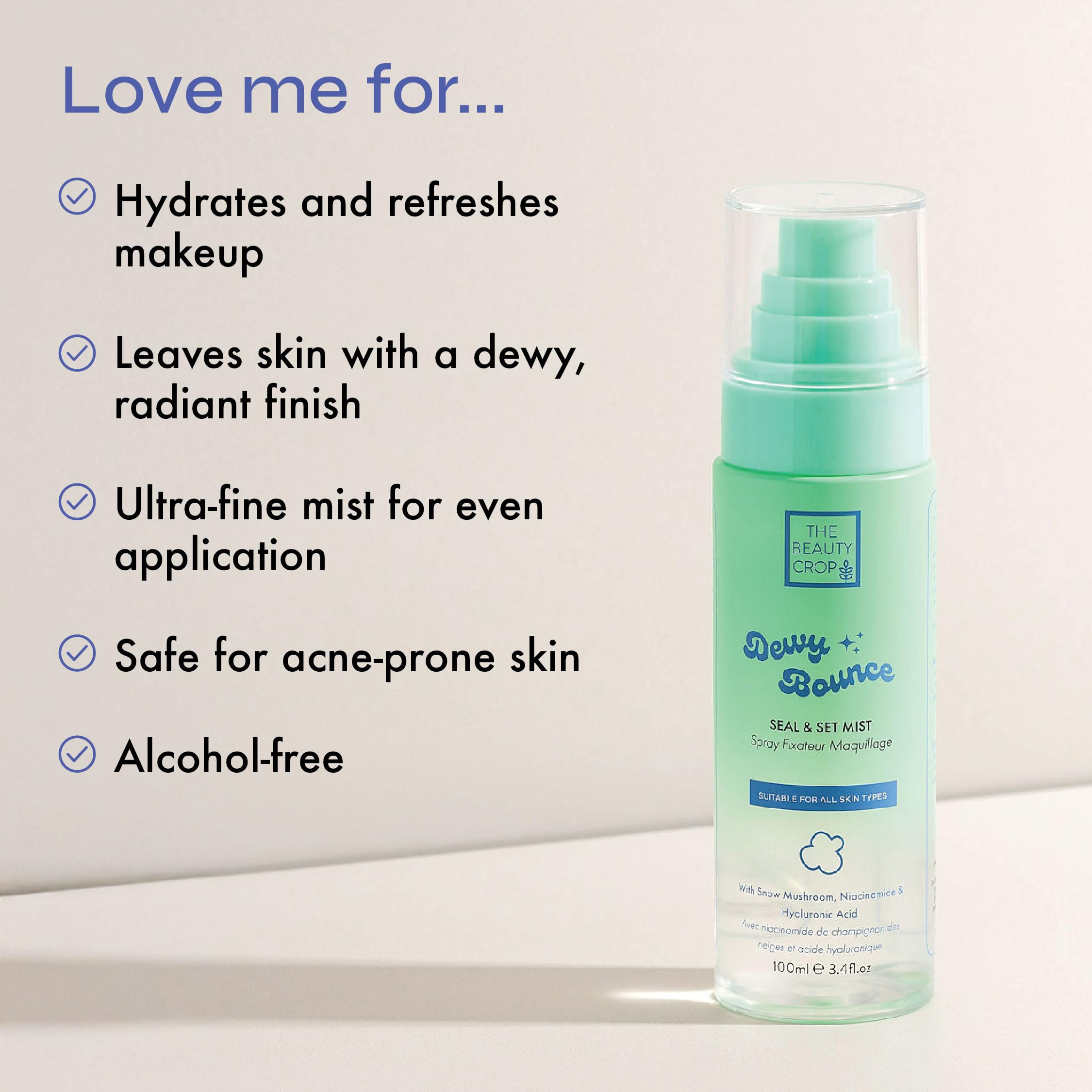 The Beauty Crop Dewy Bounce Seal & Set Mist - Hydrating Setting Spray for Radiant Glow, Smudge Proof, Transfer Resistant, Vegan Friendly - 100 ml