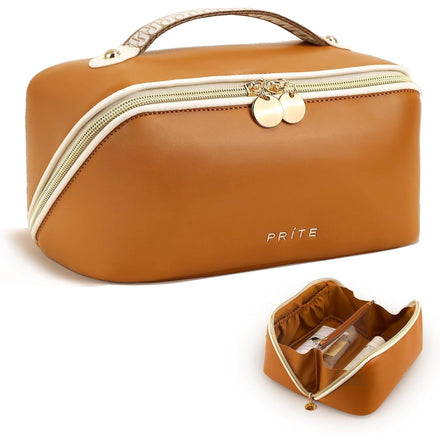 Prite Large Capacity Makeup Bag Portable Travel Cosmetic Bag Waterproof Toiletry Case with Clear Divider and Handle (Brown)