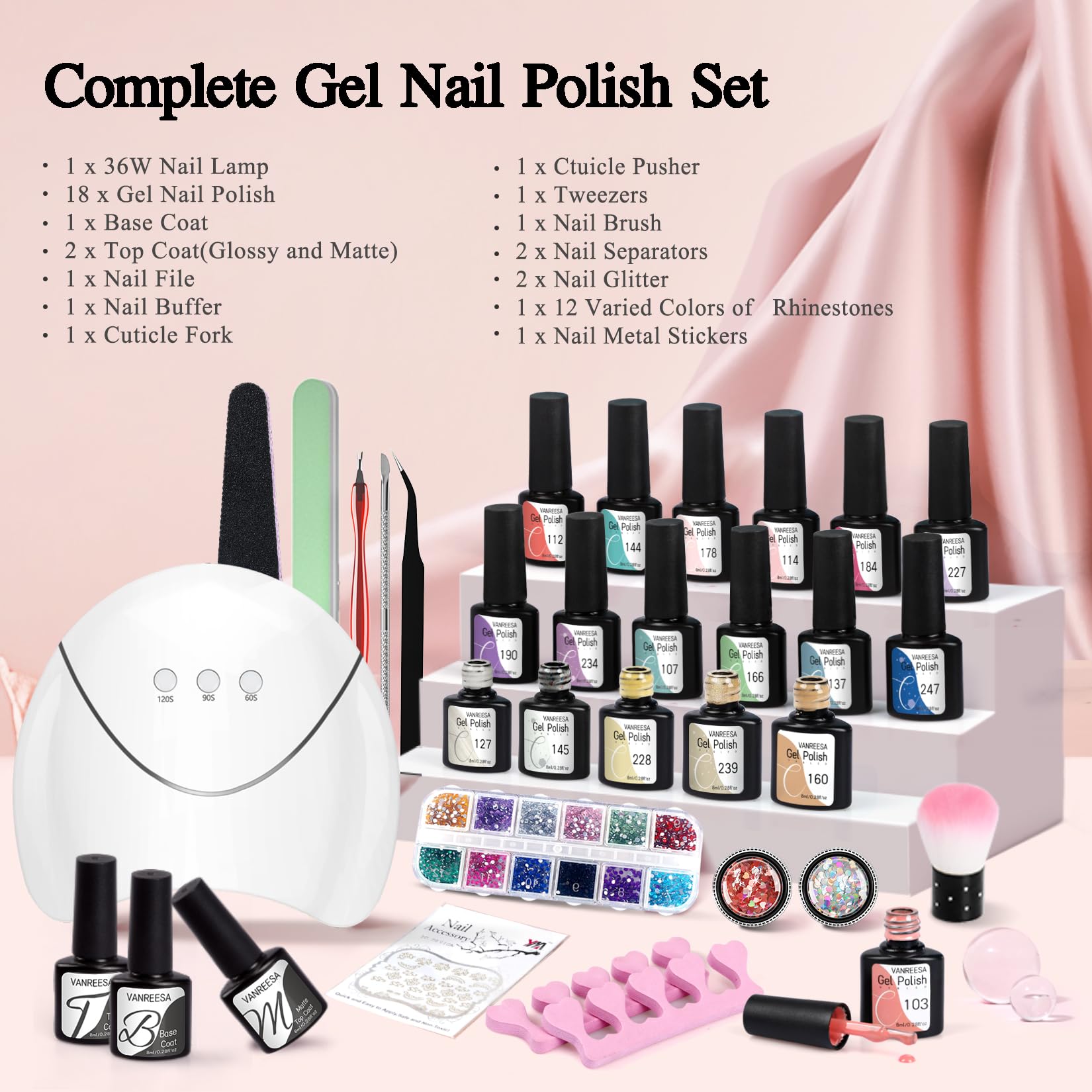 VANREESA Gel Nail Kit, 18 Colours Gel Nail Polish Set with Lamp Starter Kit Pink Blue Purple Spring Summer Colours U V Nail Polish Set with Base and Top Coat Manicure DIY at Home Gifts for Women