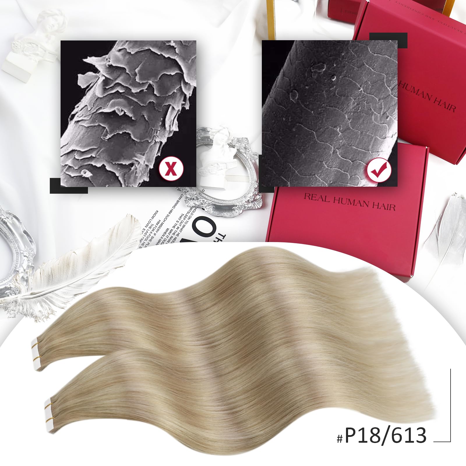 Moresoo Tape Hair Extensions Blonde Tape in Human Hair Extensions Ash Blonde with Platinum Blonde Real Human Hair Extensions Tape in 12 Inch 20 Pieces/30g #P18/613