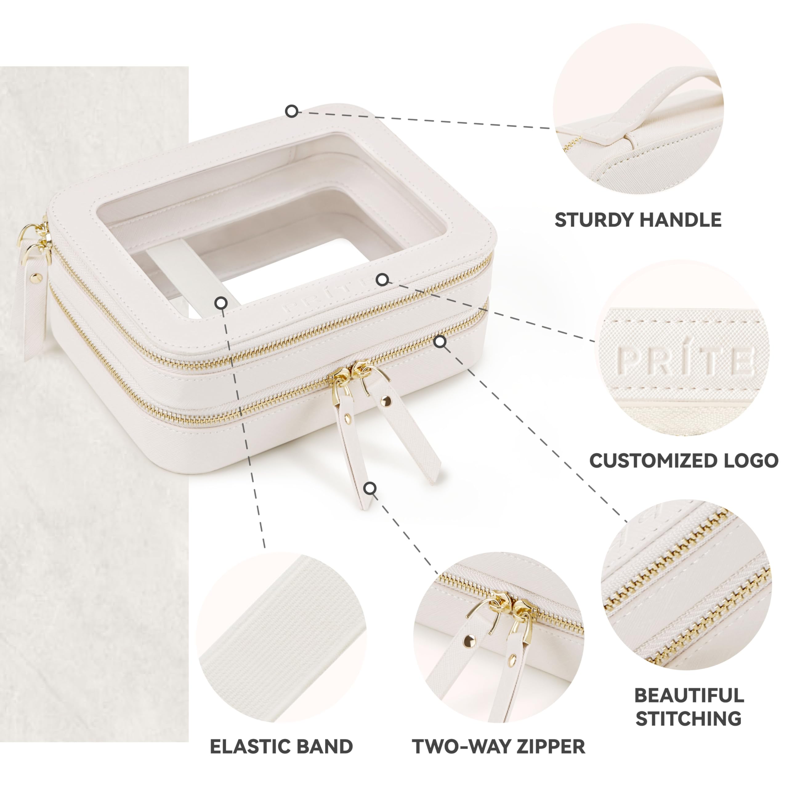 Prite Large Clear Makeup Bag with Gift Box Double Sided Cosmetic Case Two Layer Travel Toiletry Bag with Zippers and Compartment (Beige)