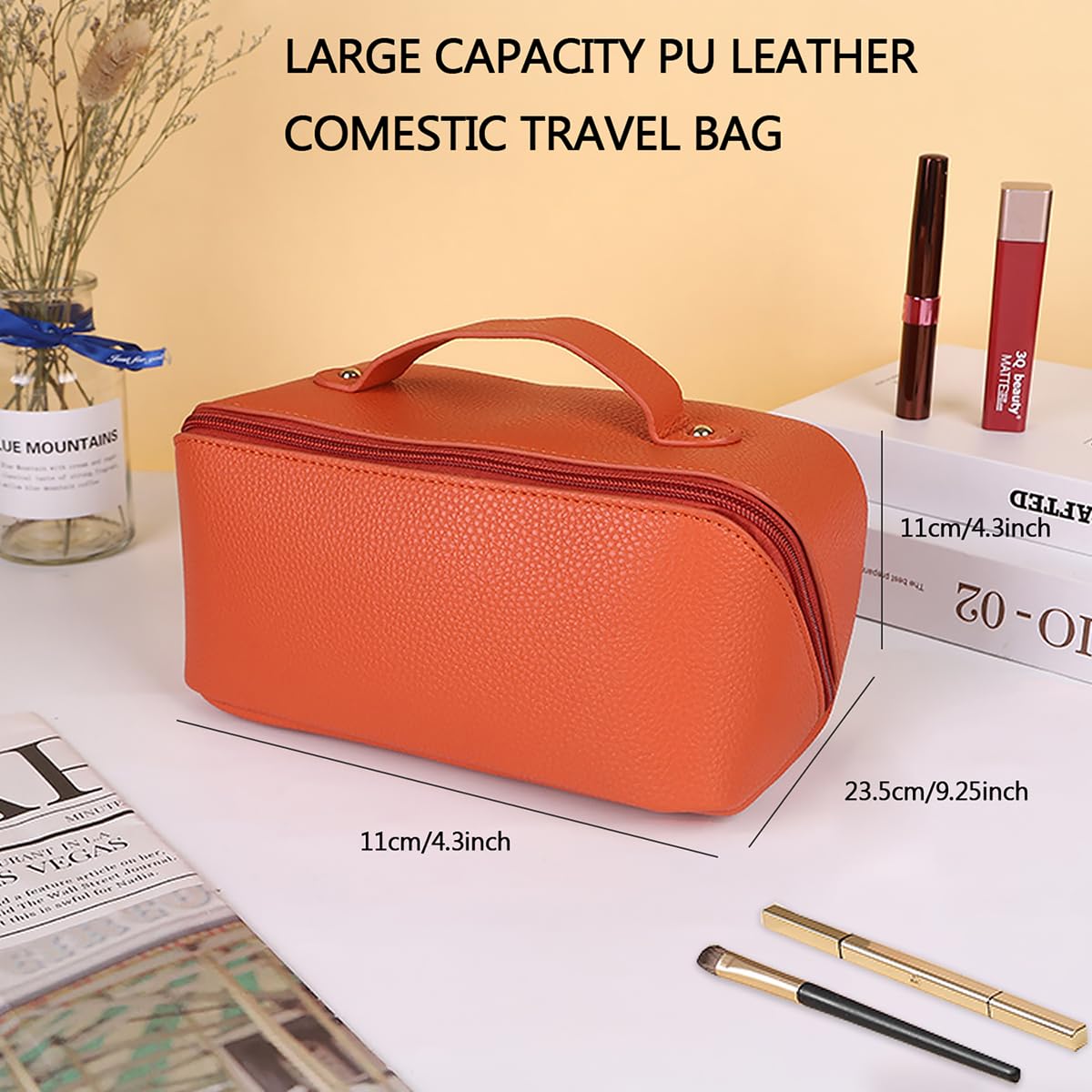MAMUNU Large Capacity Cosmetic Bag Travel Cosmetic Storage Bag with Handle Portable Zipper Cosmetic Bag Toiletry Bag Makeup Bag Large with Compartments for Women Girls (Orange)
