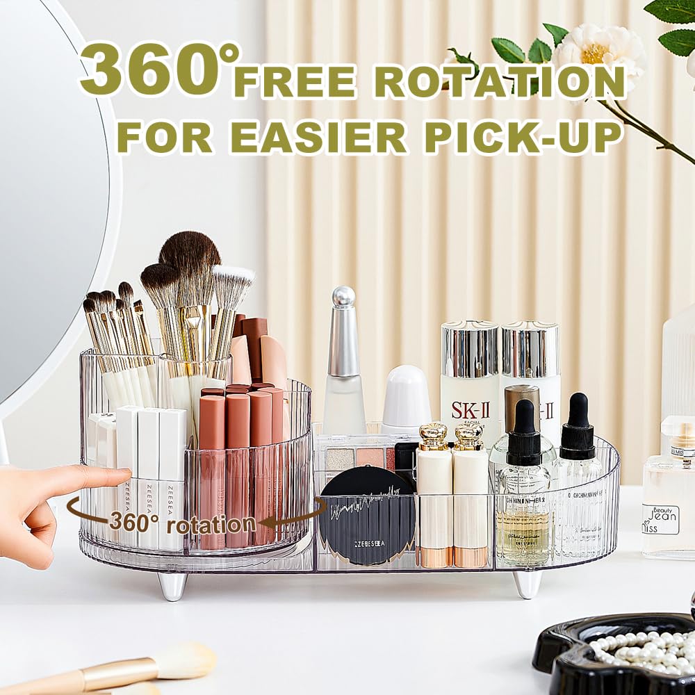 BULLA Makeup Organiser, 360 Rotating Makeup Organiser, Rotating Compartment 2 In 1 Cosmetic Storage, Makeup Organizer Storage Is Perfect for Dresser, Bathroom, Bedroom (Crystal Clear)