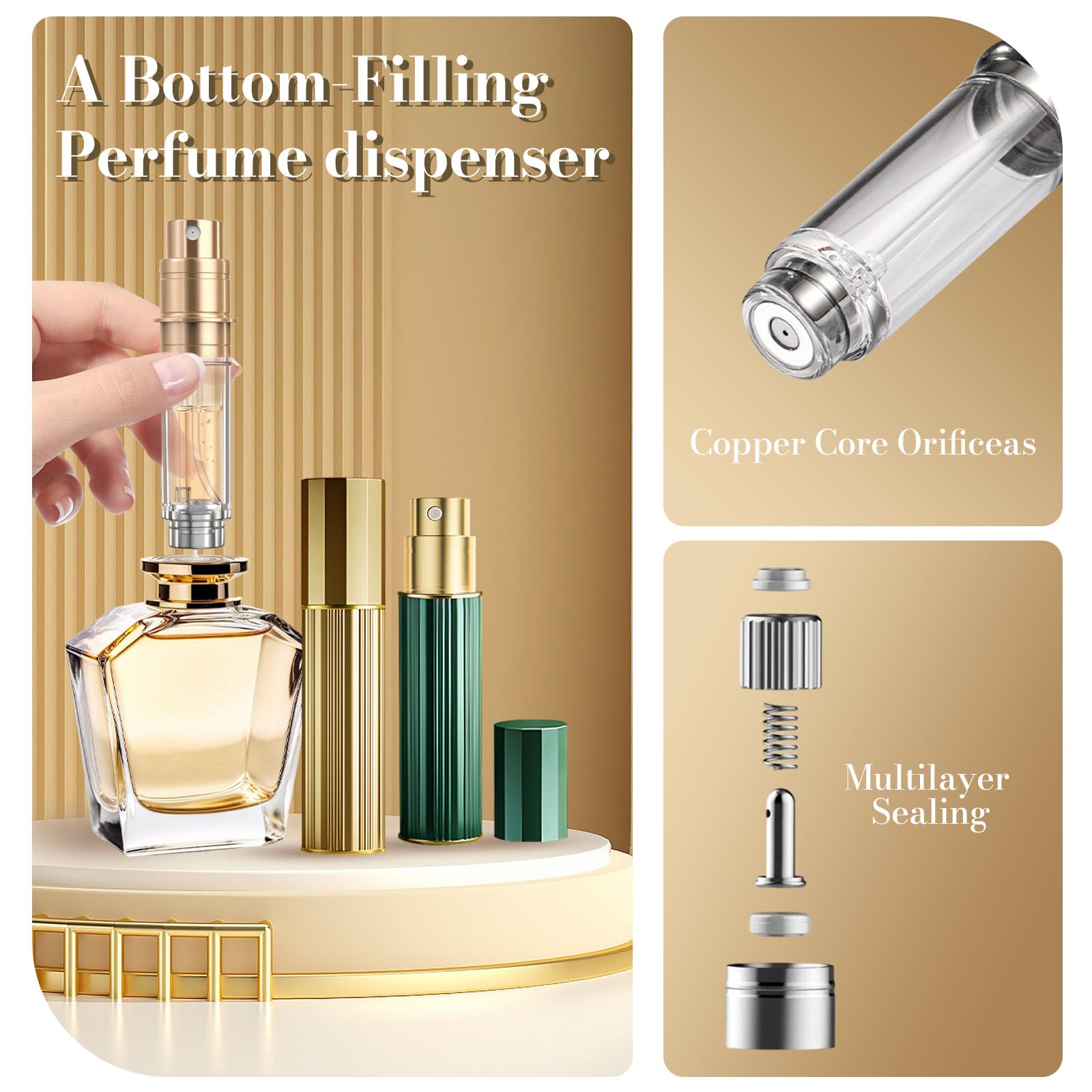 JOOMOKO Perfume Atomiser, Perfume Travel Bottle, 10ML Atomiser Spray Bottle, Refillable & Travel Size Perfume Spray Bottle Easy to Refill Cologne Dispenser for Women and Men(Gold&Green)