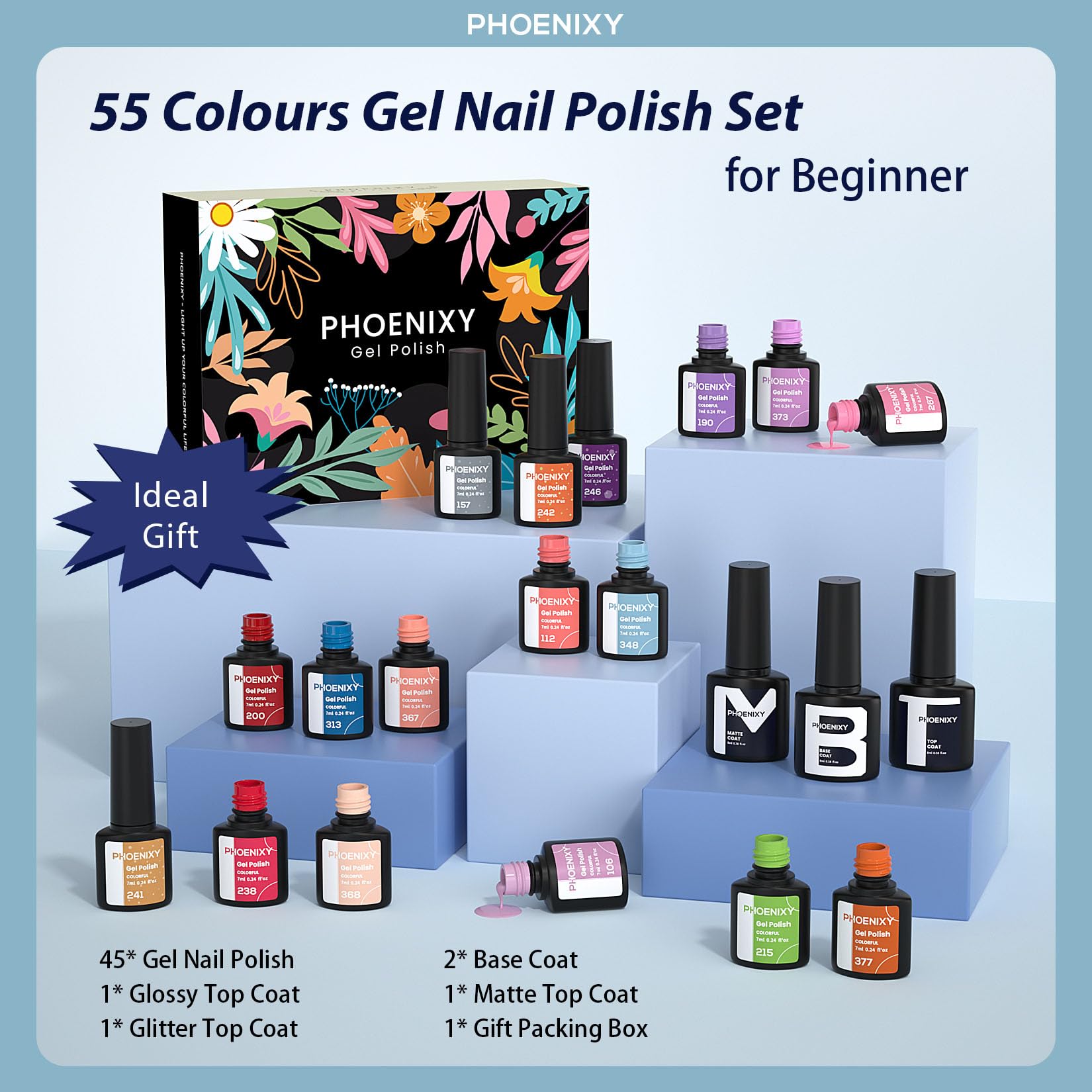 Phoenixy Gel Nail Polish - 60pcs 7ml Gel Nail Polish Set UV Soak-off Nail Polish with Base Coat and Glossy Matte Glitter Top Coat Nail Varnish Sets Manicure Kit for Women