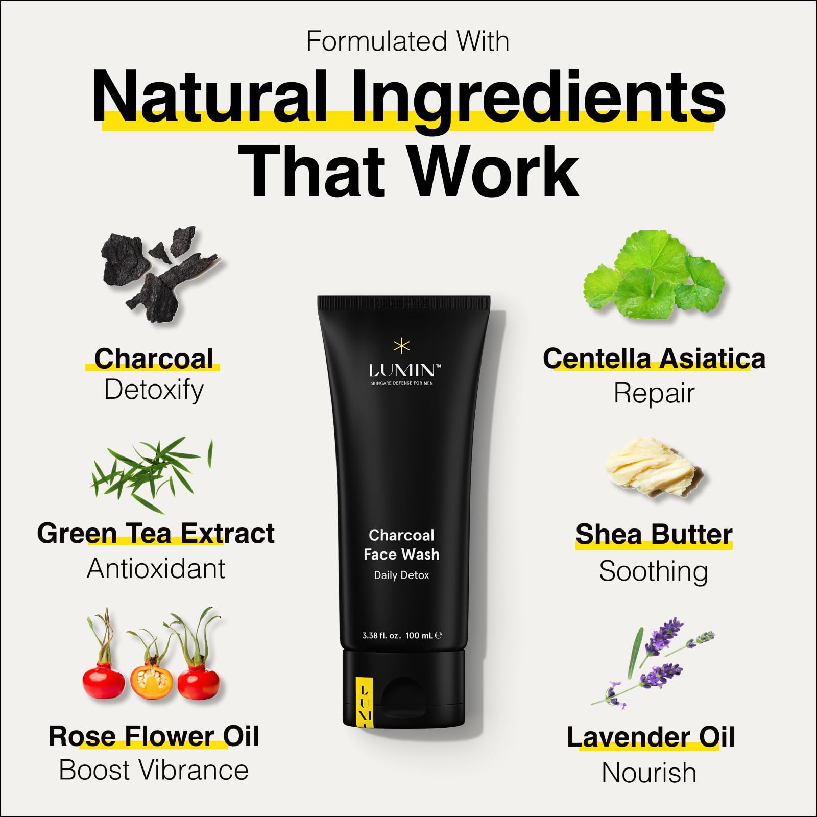 Lumin Men’s No-Nonsense Charcoal Cleanser/FaceWash (1.7oz.): Unclog Pores of Oil, Dirt and Pollution - Experience a Smooth and Fresh Face-Korean Made Grooming for the Modern Man - Reach Your Best Look