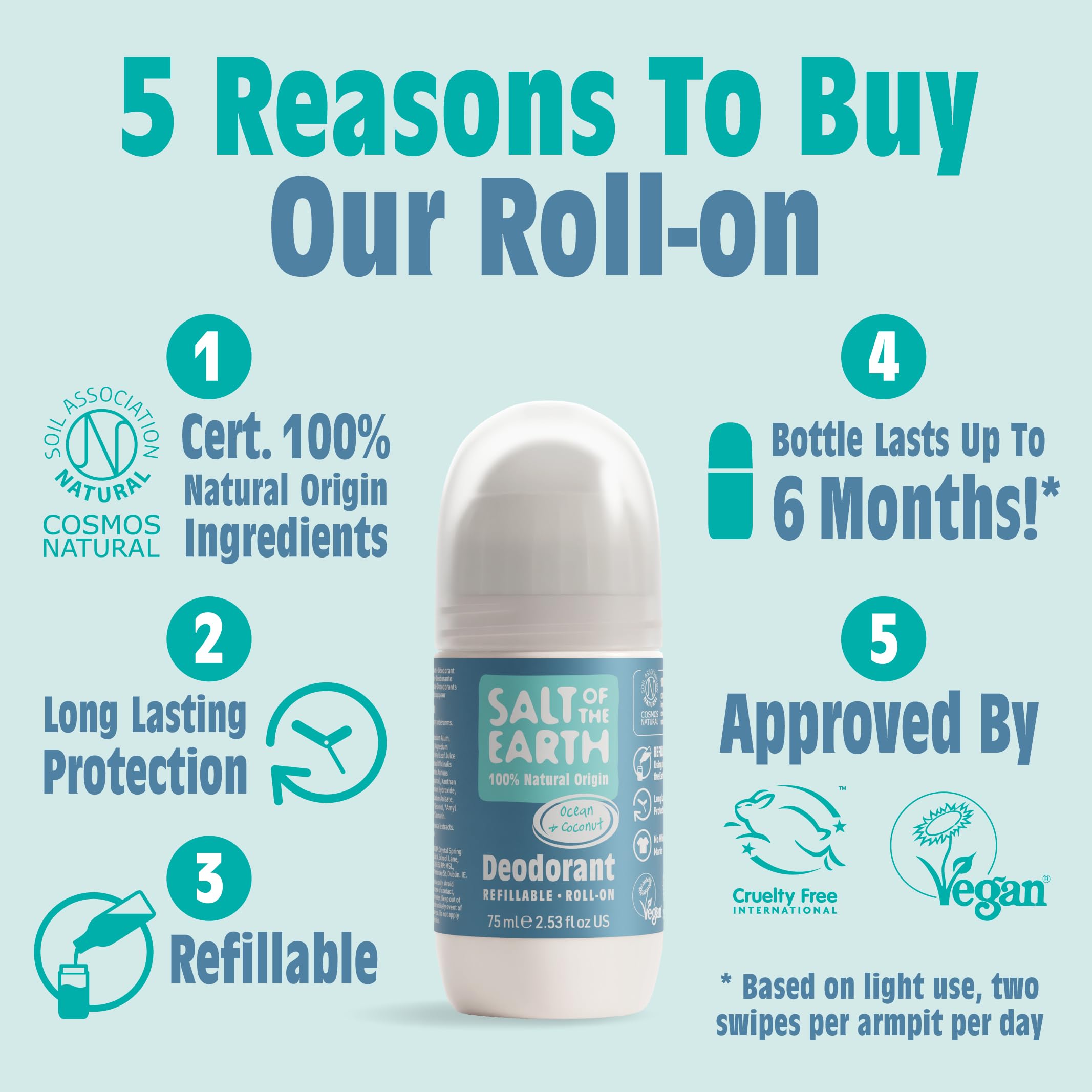Salt of the Earth - Natural Refillable Roll On Deodorant - Ocean & Coconut - Effective Long-Lasting Protection, 100% Natural ingredients, Eco friendly & Vegan - for Women, Men & Kids - 2.54 oz