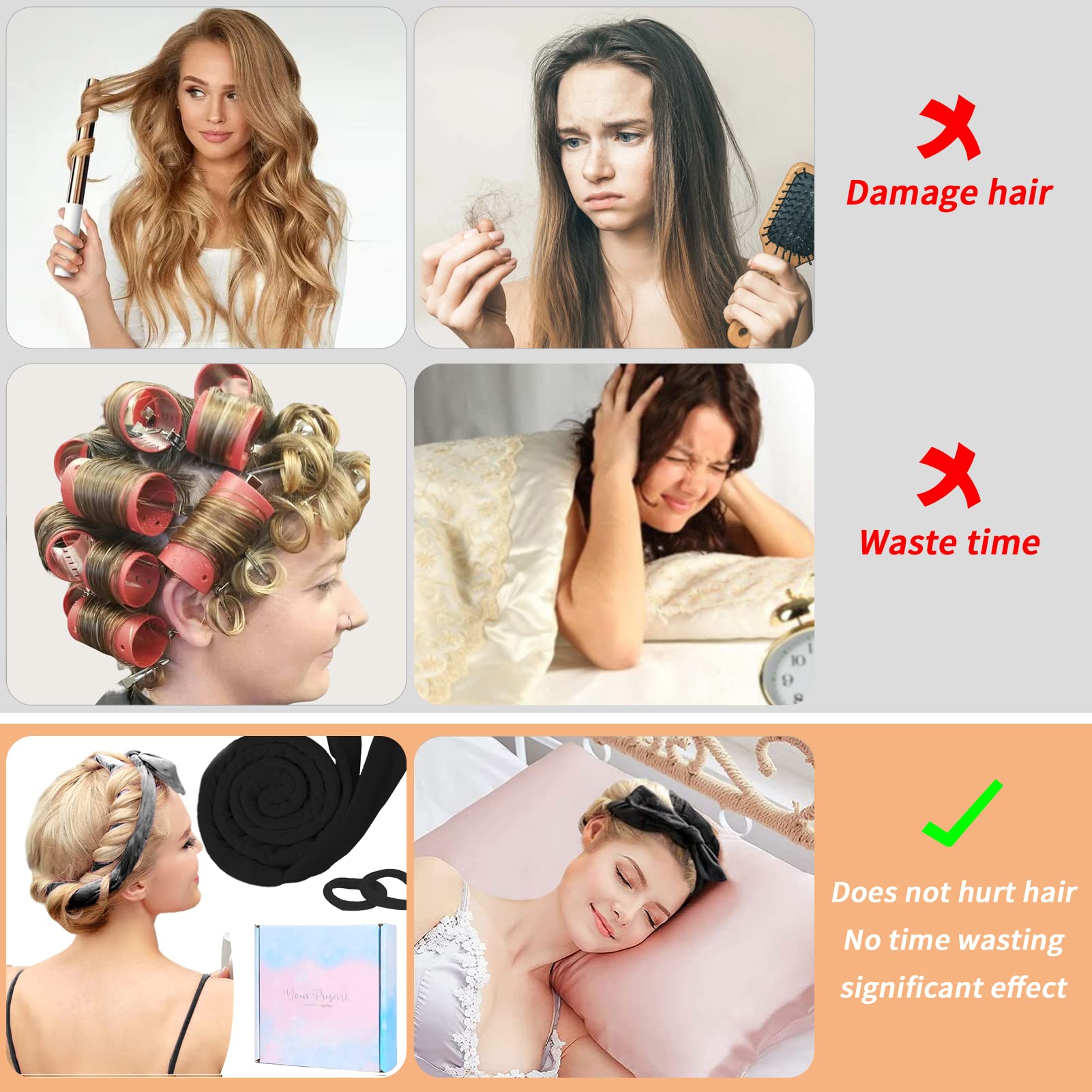 TOBATOBA Heatless Curlers Headband,Heatless Curls For Sleeping Overnight Hair Curling Set Soft Rod Headband No Heat Wave With Clip Styling Tools Long Medium Hair, Black, 1.0 count, Pack of 2