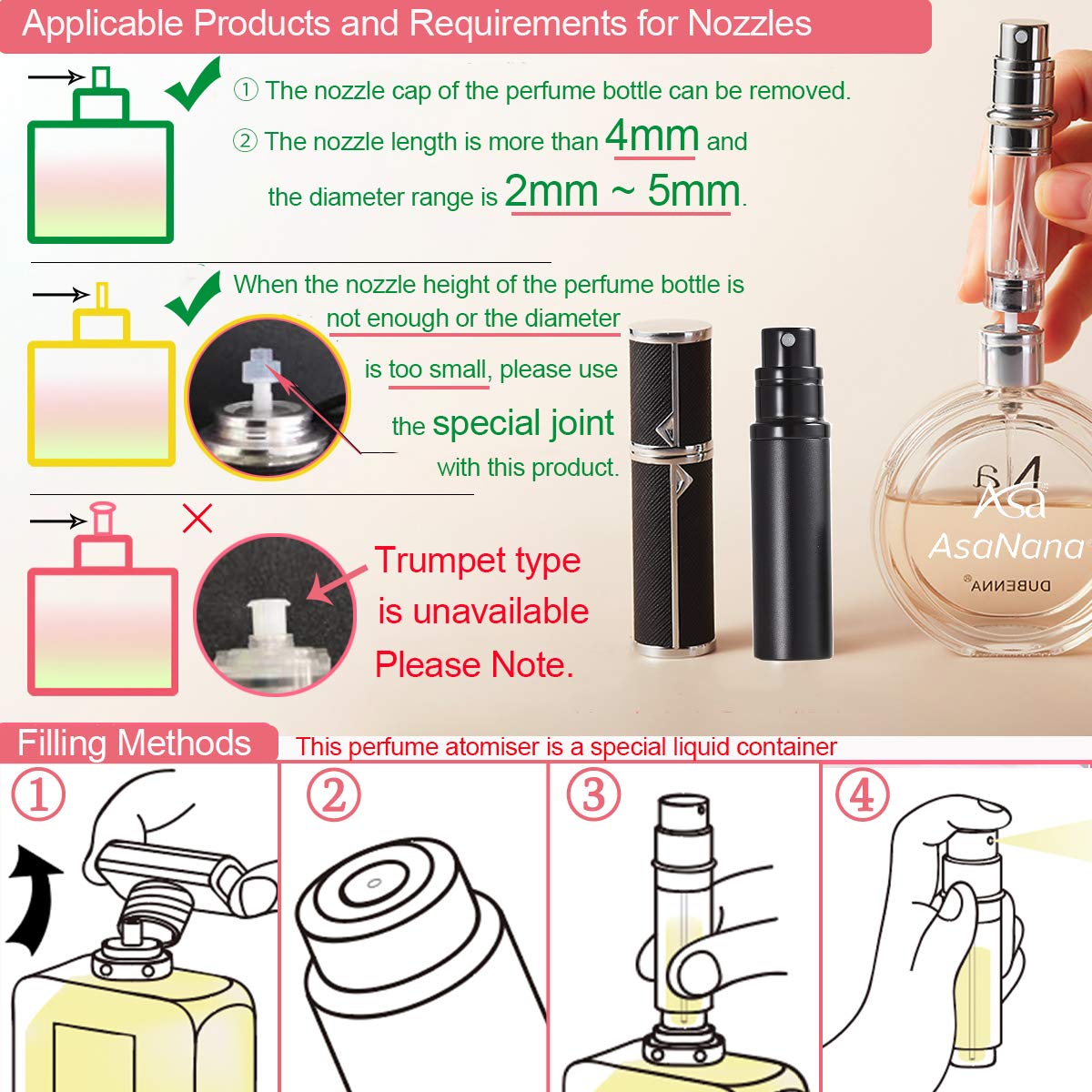 AsaNana Perfume Atomiser, Refillable & Travel Size Perfume Bottle, Leaking Proof,Bottom Pump without Funnel, Luxurious Small women and men, 5ml (CLa-2P(Black&MatBlue))