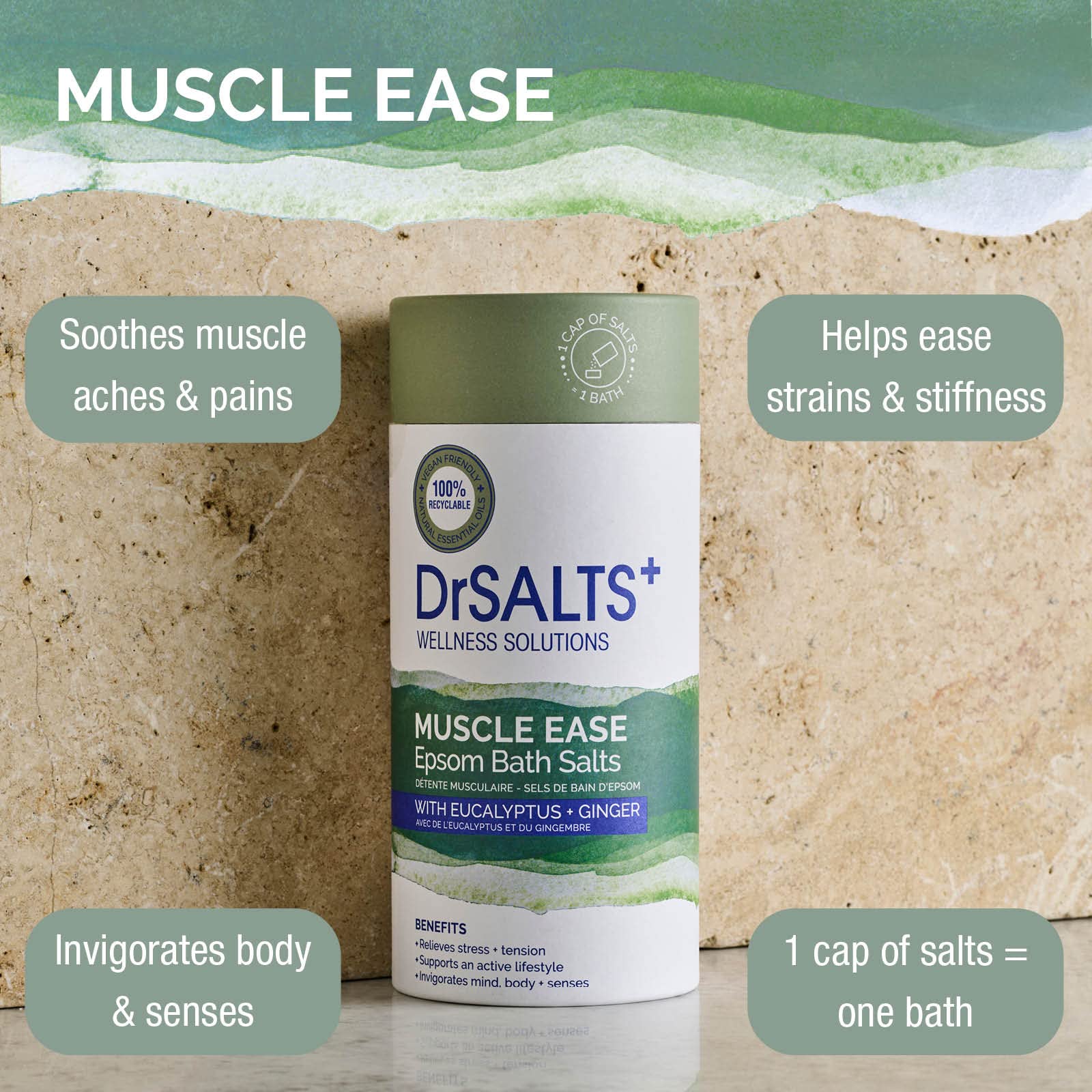 DrSALTS+ Muscle Ease Therapy Epsom Salts - Soothing Epsom Bath Salts to Relieve Strains, Pain & Stiffness with Eucalyptus & Ginger Essential Oils - Vegan & Cruelty-Free, 2kg