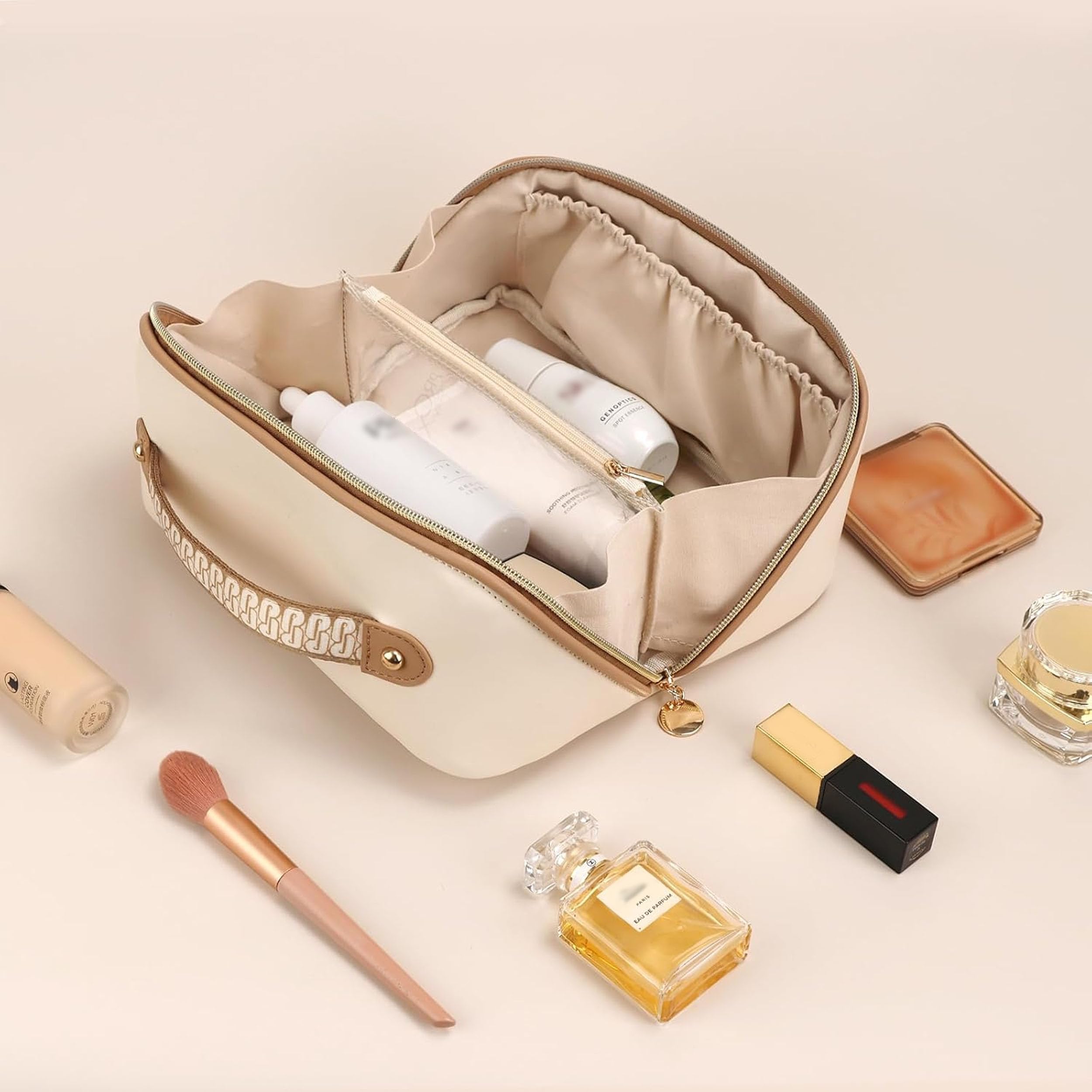 Prite Large Capacity Makeup Bag Portable Travel Cosmetic Bag Waterproof Toiletry Case with Clear Divider and Handle (Beige)