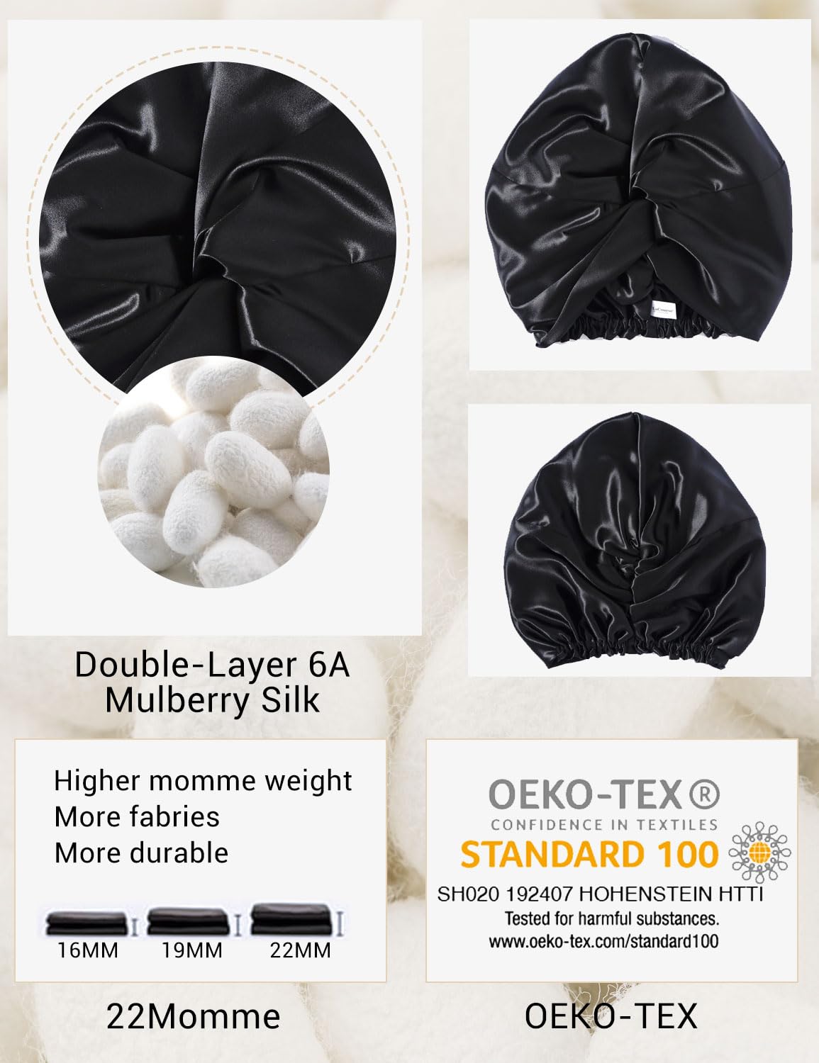 LaCourse 100% Genuine 22Momme Silk Bonnet for Sleeping, Double-Layered Mulberry Silk Hair Wrap with Premium Elastic Stay on Head. (One Size, Black)