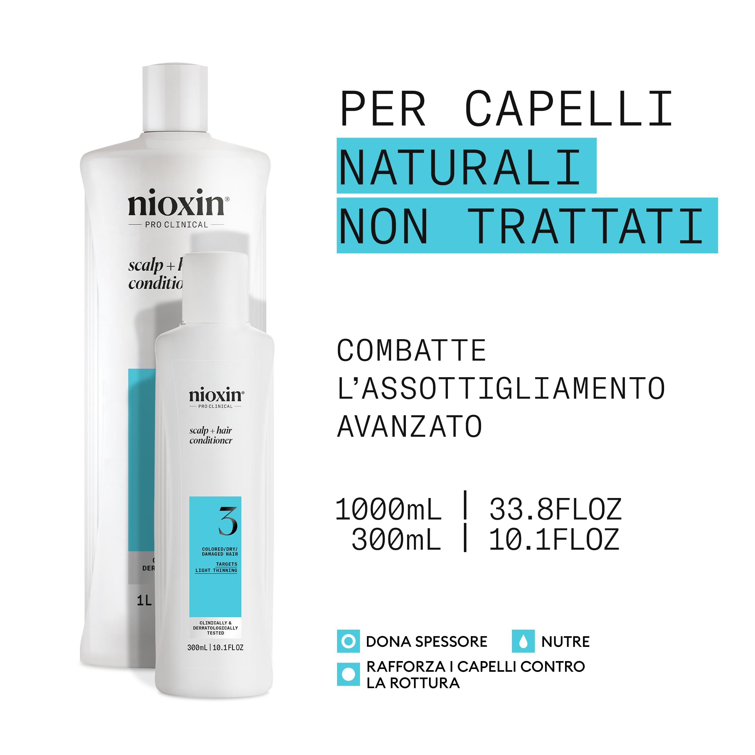 Nioxin System 3 Scalp + Hair Conditioner - Hair Thickening Conditioner for Coloured, Dry and Damaged Hair with Light Thinning - with Biotin & Niacinamide, 1L