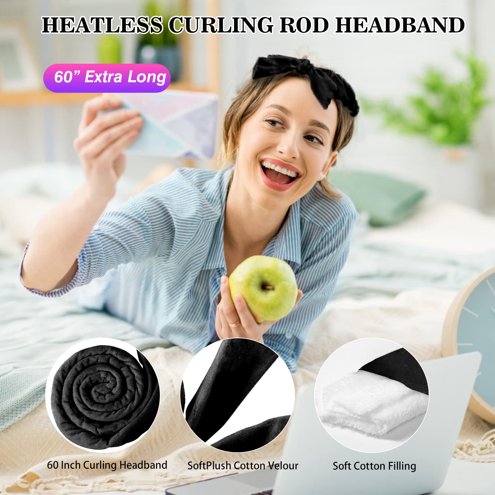 TOBATOBA Heatless Curlers Headband,Heatless Curls For Sleeping Overnight Hair Curling Set Soft Rod Headband No Heat Wave With Clip Styling Tools Long Medium Hair, Black, 1.0 count, Pack of 2