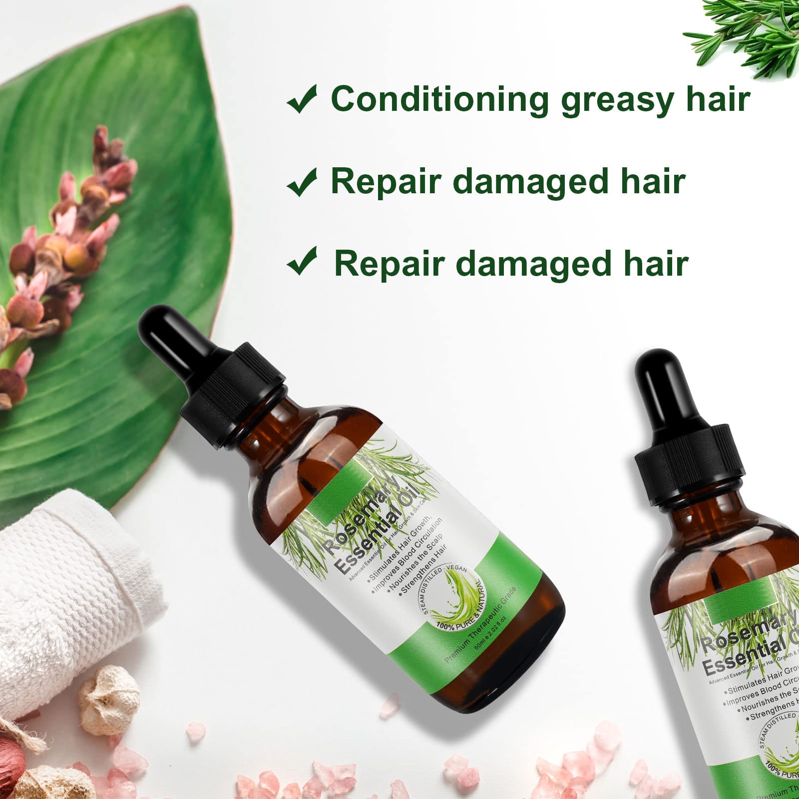VXHDAG Rosemary Oil for Hair Growth & Skin Care - 100% Pure Rosemary Essential Oil for Eyebrow and Eyelash, Nourishes The Scalp, Stimulates Hair Growth for Men Women (2 Pack 2x60ML)