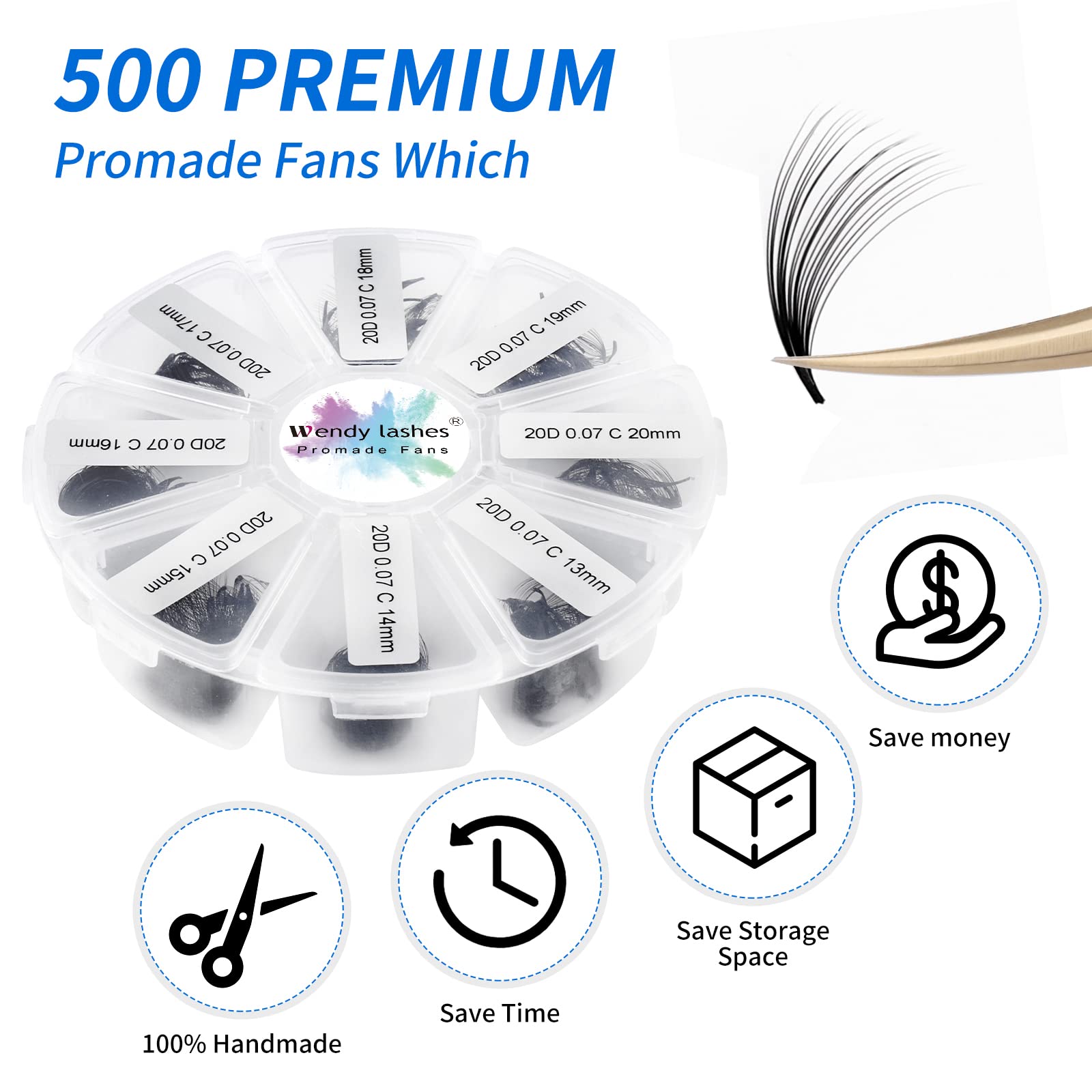 Pre Made Fan Volume Eyelash Extensions 20D 0.07mm D Curl 500 Fans 9-16mm Mixed Tray Premade Fans Loose Volume Lash Extensions Handmade Promade Loose Fans Lash(500-20D-0.07-D-916)