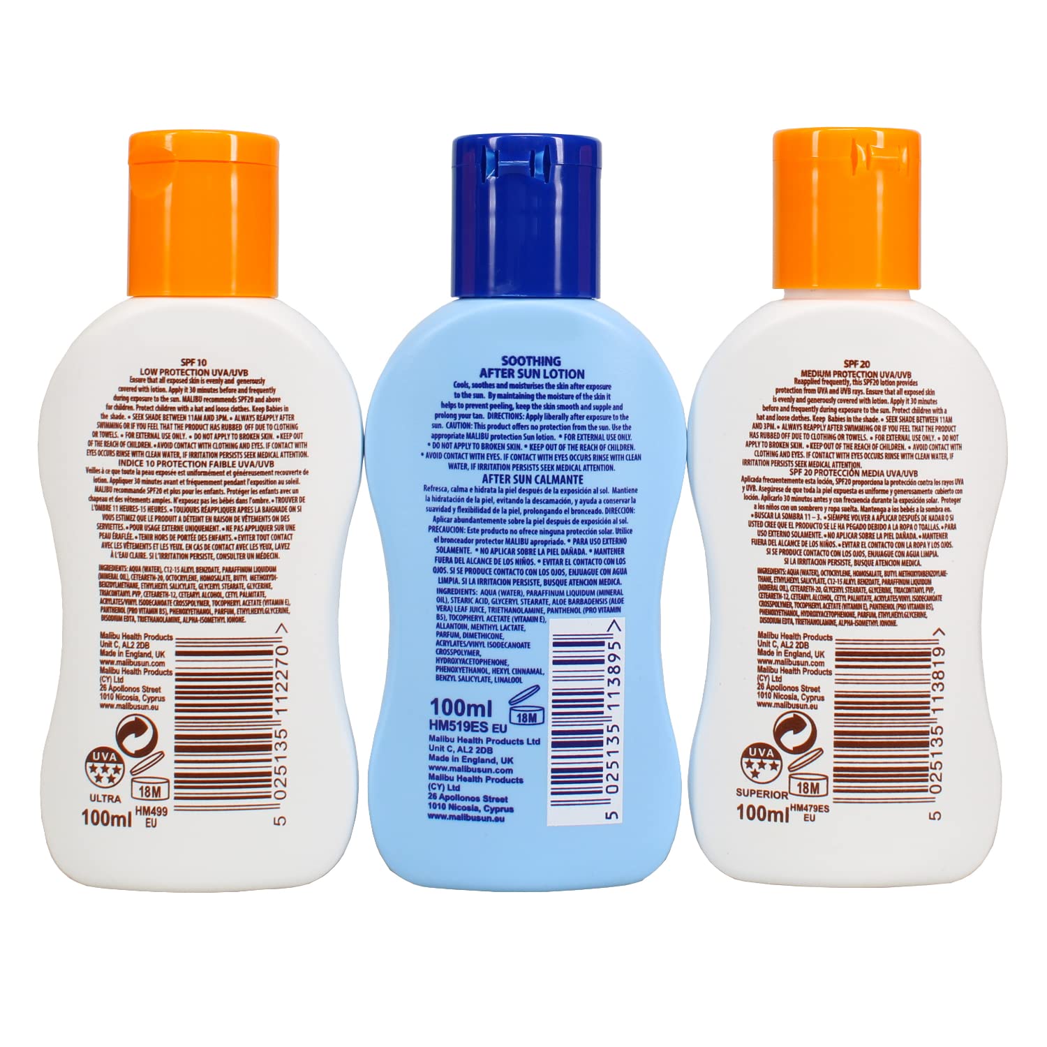 Malibu Sun Protection Travel Size Tanning Pack 1 x SPF 20 1 x SPF 10 Sun Tan Lotion & 1 x After Sun Aloe Vera Lotion Kit
