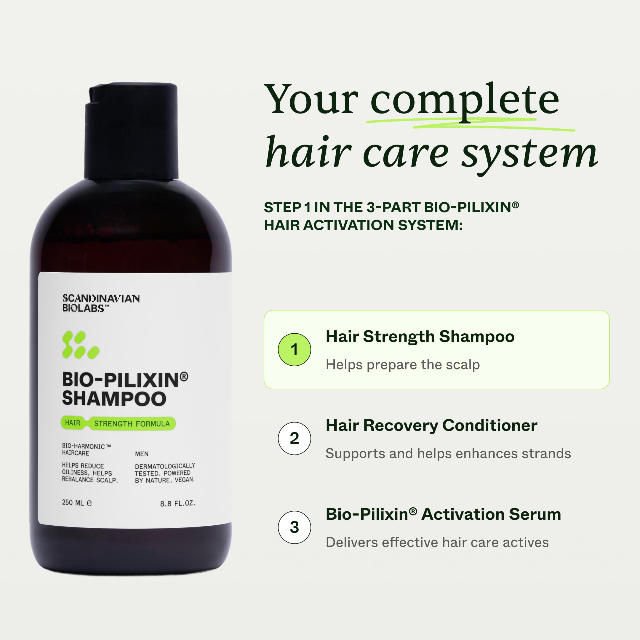 Scandinavian Biolabs Bio-Pilixin® Hair Strength Shampoo For Men | Strengthens Hair, Eliminates Greasiness, Balances Scalp, Dermatologically Tested, Made in Denmark, 250 mL / 8.8 Oz