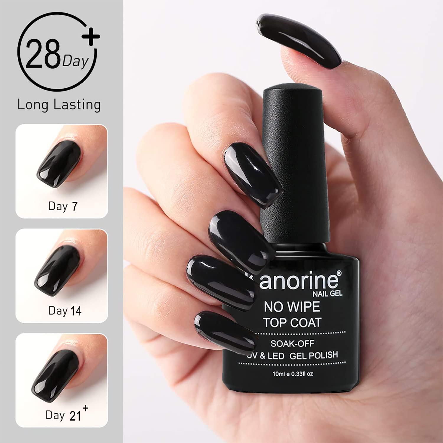 Kanorine™ No Wipe Top Coat and Base Coat Set Gel Nail Polish Soak-Off UV/LED Gel Nail Lacquer Shine Finish and Long Lasting,- 2 x 10ml