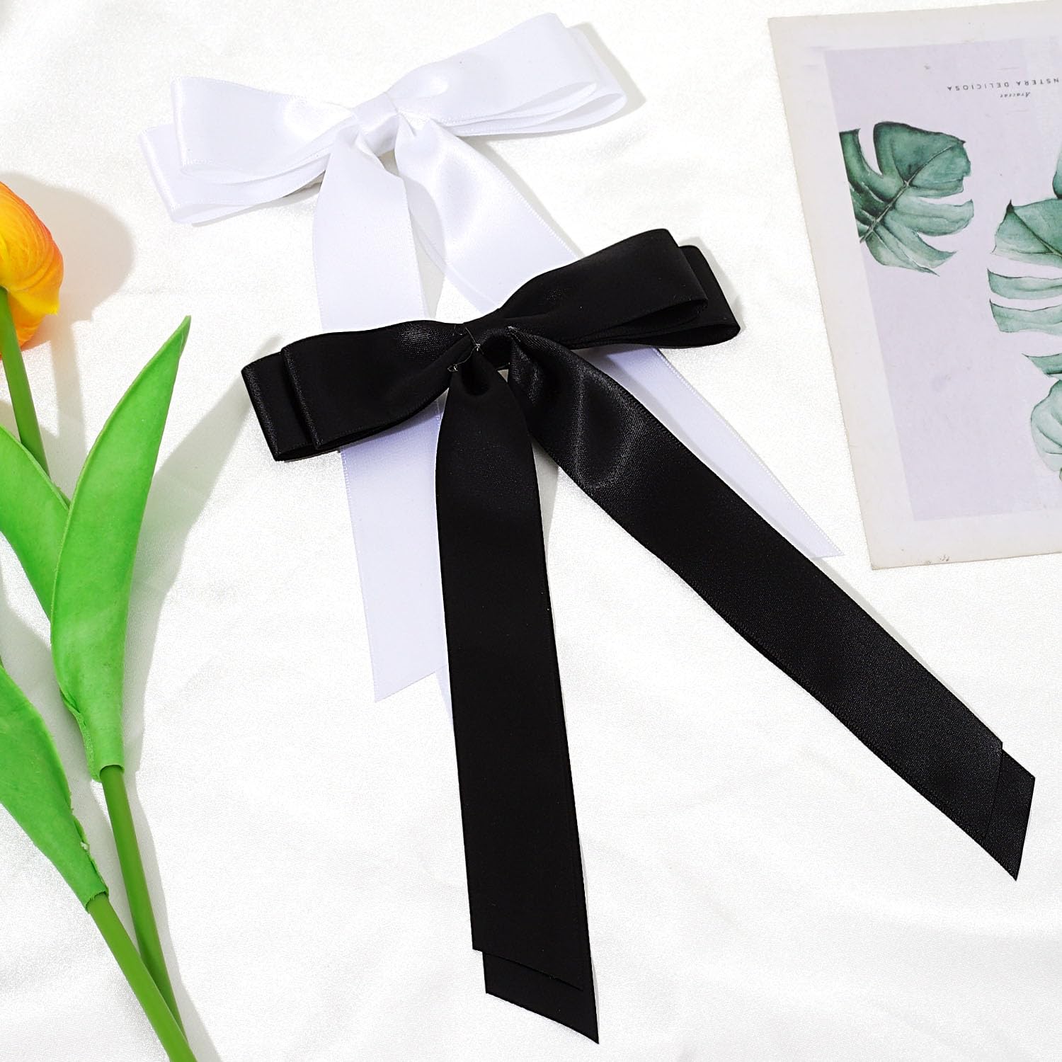 2 Pack Ribbon Bows for Hair, White Bow Hair Clips with Long Tails Hair Ribbons for Girls Women (White)
