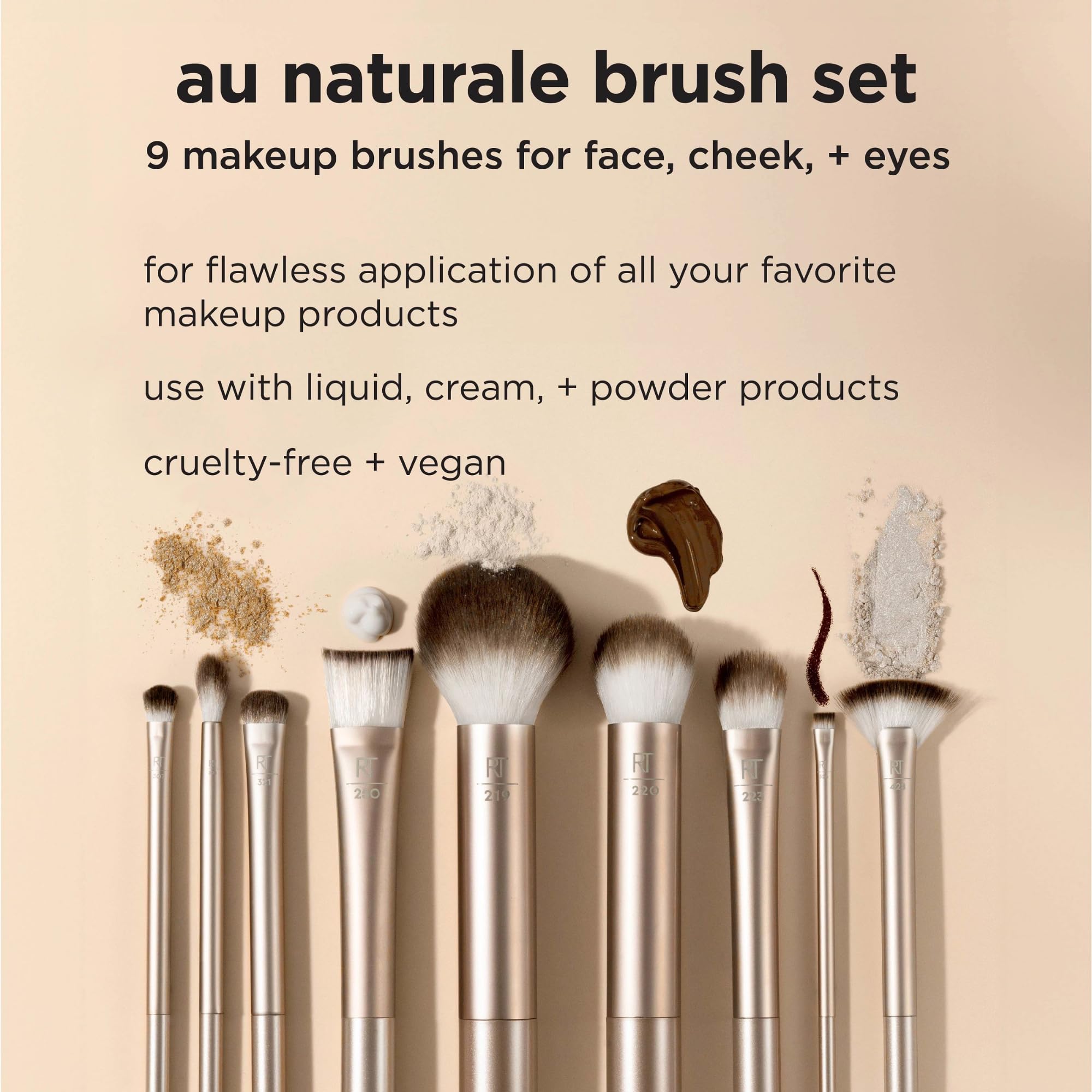 REAL TECHNIQUES Au Naturale Makeup Brush Kit, For Foundation, Powders, and Concealers, Premium Quality Face Brushes, 9 Piece Set, Gold
