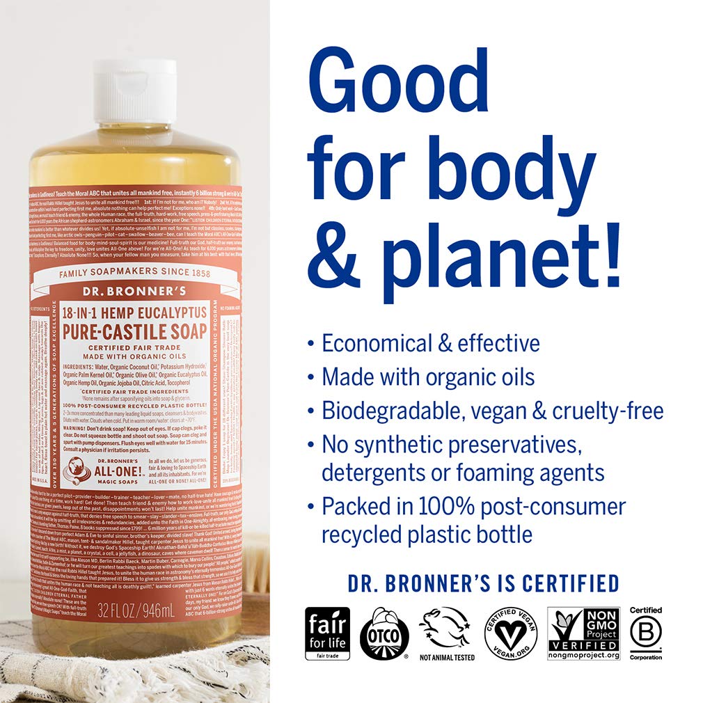 Dr. Bronner's - Pure-Castile Liquid Soap (Eucalyptus, 16 ounce) - Made with Organic Oils, 18-in-1 Uses: Face, Body, Hair, Laundry, Pets and Dishes, Concentrated, Vegan, Non-GMO