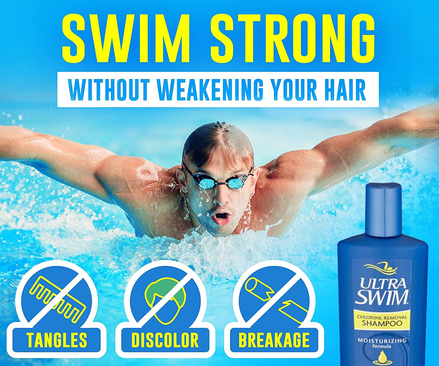 UltraSwim Chlorine Removal Shampoo. Moisturising Formula. Removes Chlorine and Chlorine Odour With Just One Use, Can Be Used After Every Swim. 207 Millilitres