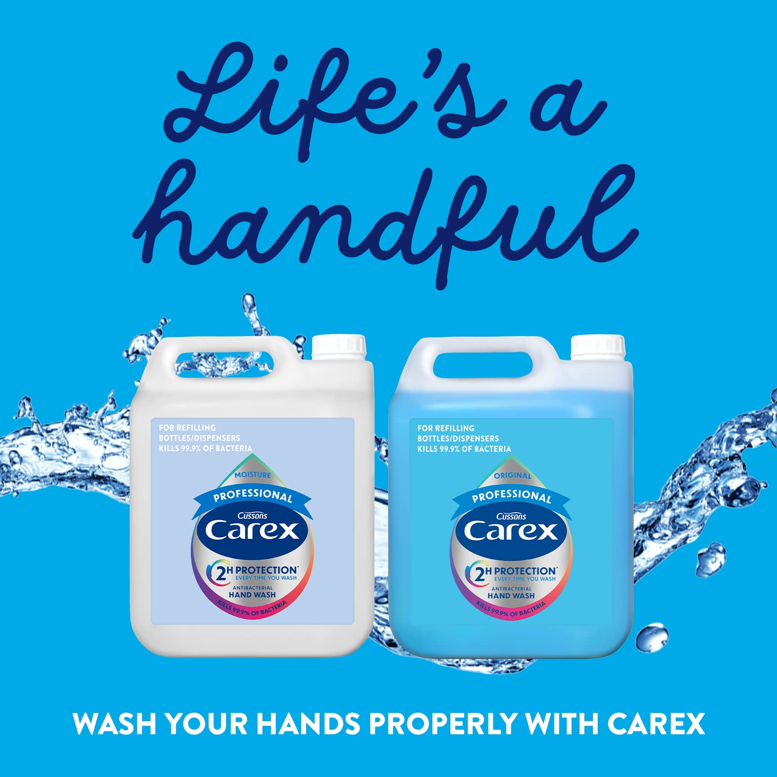Carex 2 Hour Protection Antibacterial Professional Moisture Hand Wash Refills, Liquid Hand Soap Eco Refill for Homes & Businesses, With Vitamin E, Bulk Buy, Pack of 2 x 5 litres