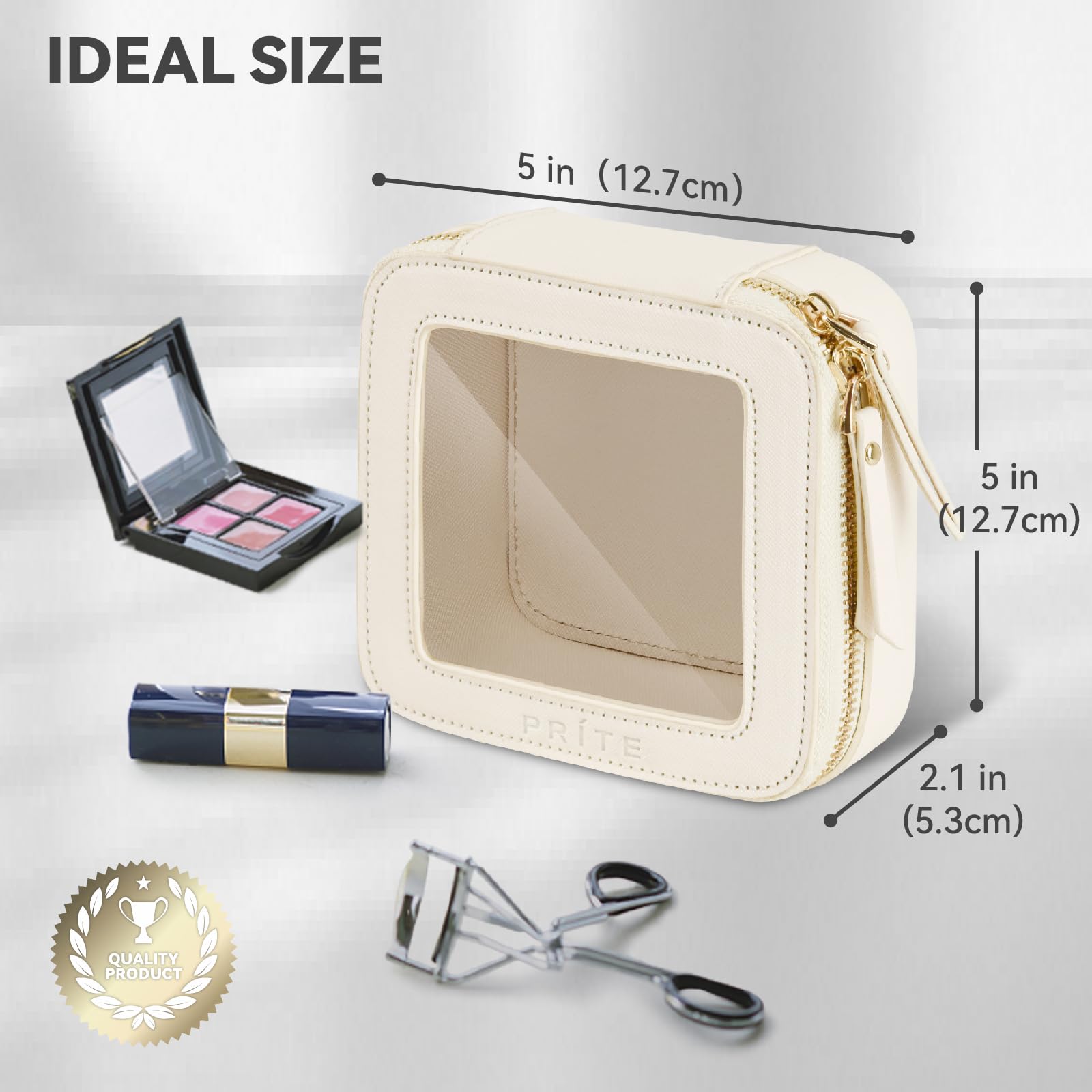 Prite Small Clear Makeup Bag with Gift Box Mini Cosmetic Case Waterproof Travel Toiletry Pouch Car Essentials with Double Zippers (Beige)