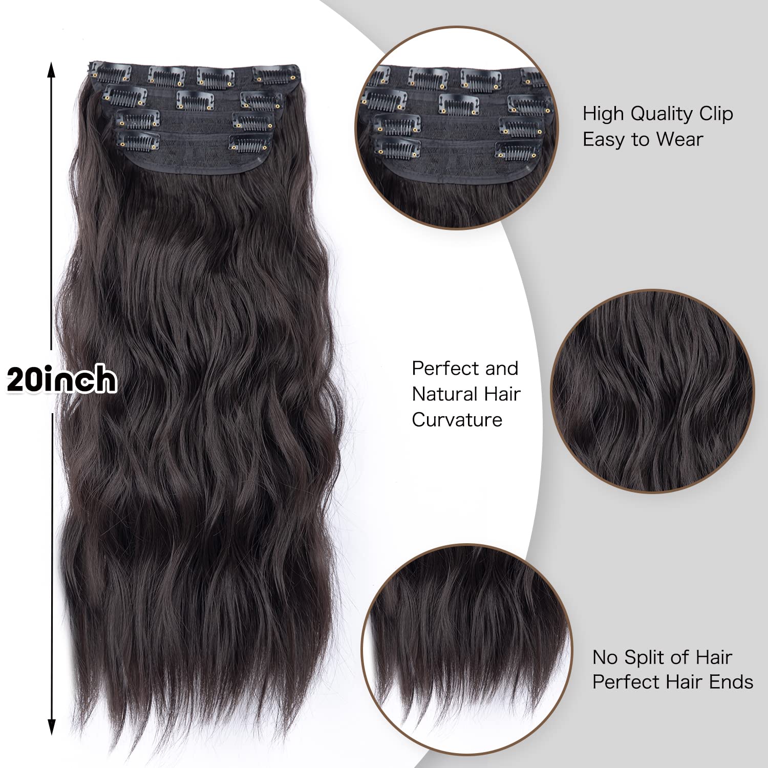 20 Inches Dark Brown Hair Extensions clip in, Synthetic Curly Clip in Hair Extension, Natural Thick Wavy Hairpieces for Women (Color:Dark Brown)