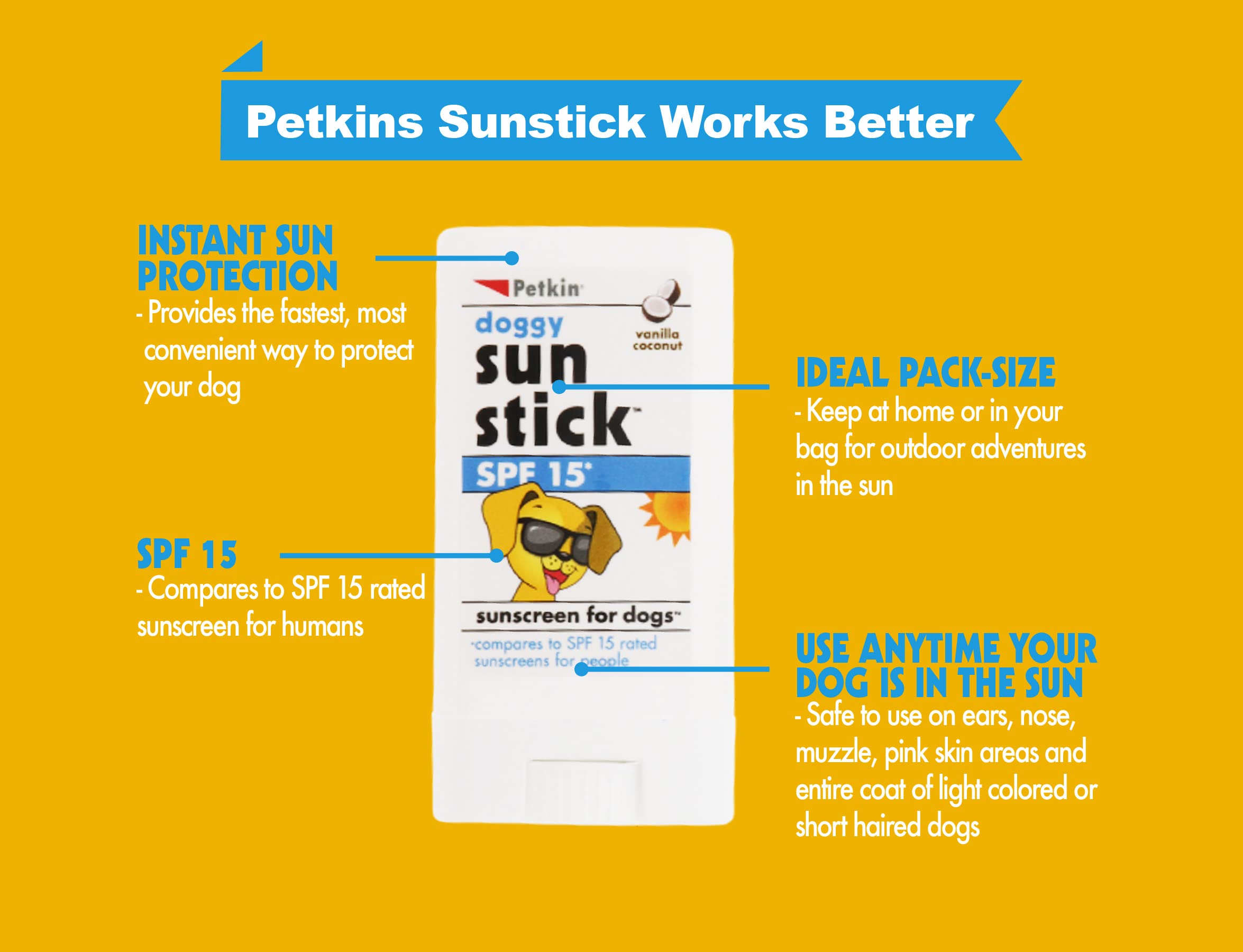 Petkin Dog Sunscreen Sunstick – Sunscreen for Dogs and Puppies, SPF 15 – Simply Rub on Anytime for Instant Sun Protection – Vanilla Coconut Scent, .5 oz Net Weight – Ideal for Home or Travel