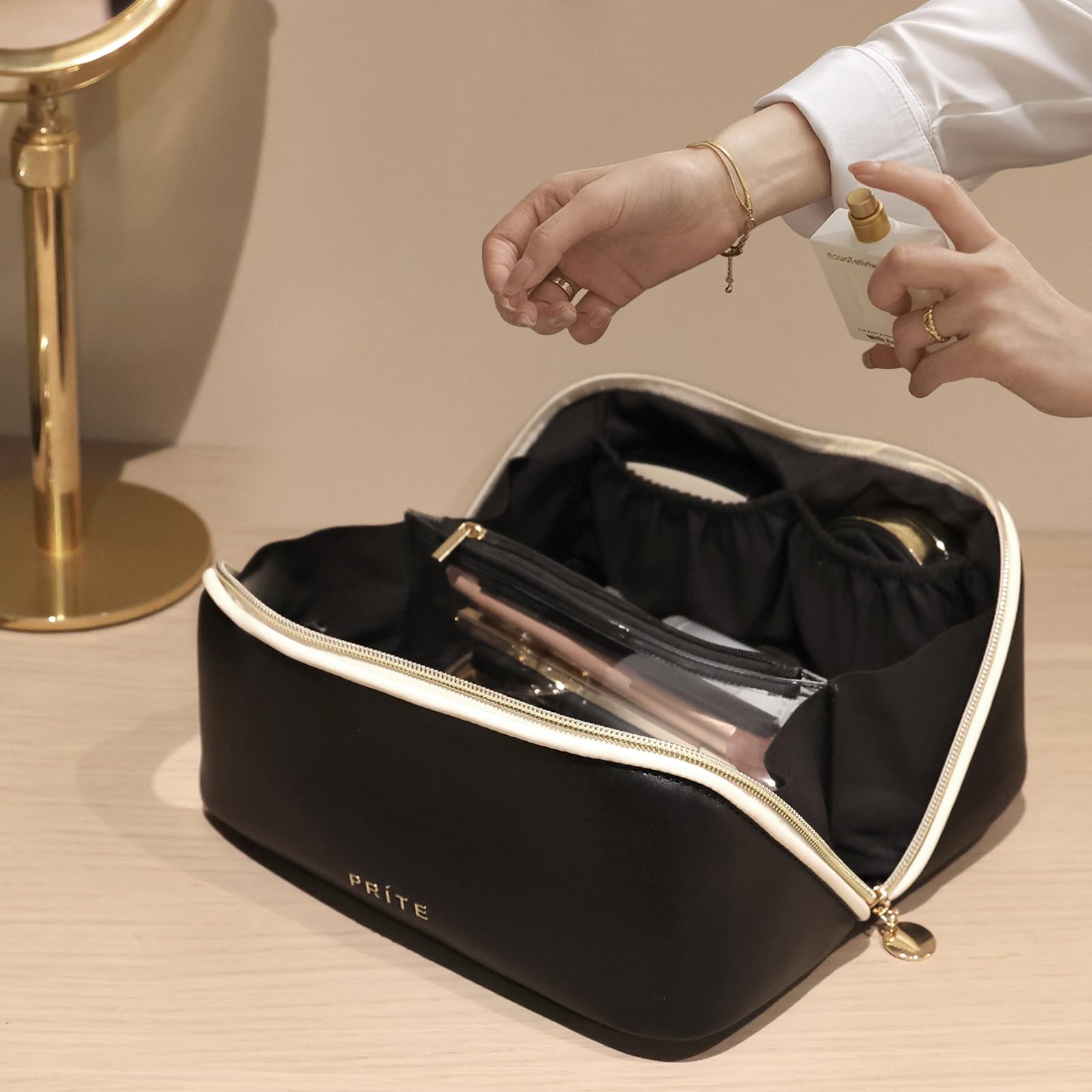 Prite Large Capacity Makeup Bag Portable Travel Cosmetic Bag Waterproof Toiletry Case with Clear Divider and Handle (Black L)